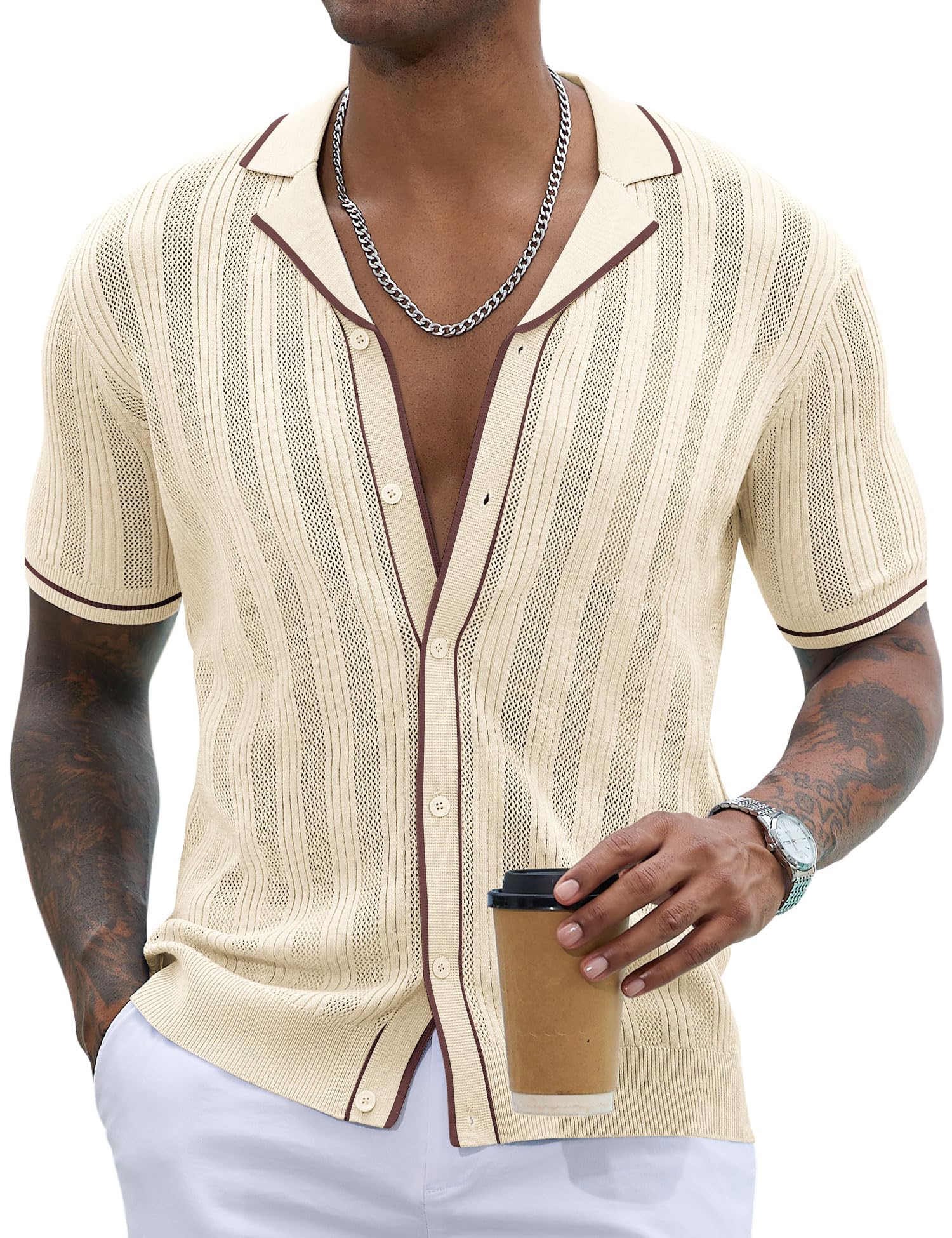 Men's Knit Button Down Shirt Short Sleeve Vintage Knitted Striped Summer Beach Tops S-XXL