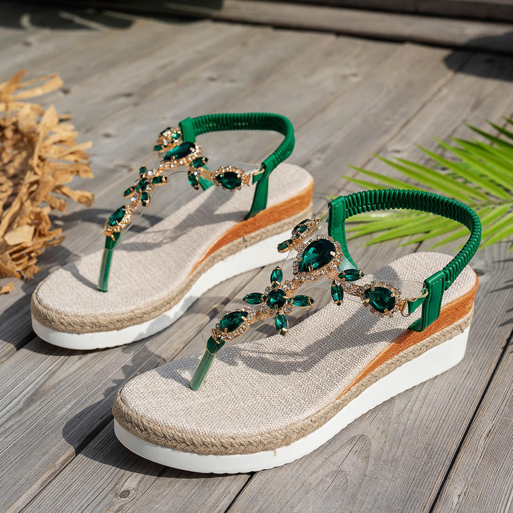 Women's Sparkly Rhinestone Wedge Sandals, Casual Platform Jeweled Sandals Summer Dressy Flip Flops Comfort Walking Thong Sandals Bohemian Beach Wedding Dress Shoes