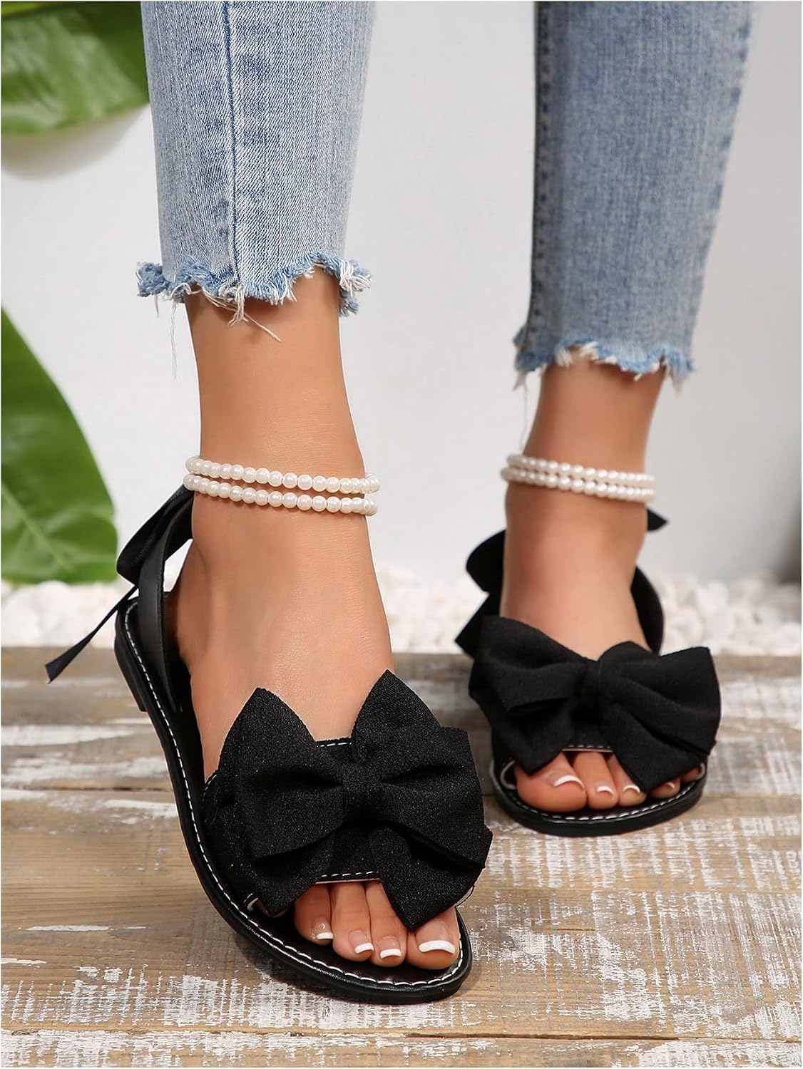 GORGLITTER Women's Bow Pearl Open Toe Ankle Strap Sandals Slippers Shoes | Sandals with Bow,Sandals Women Comfortable, Dressy Sandals Women, Y2k Dress Sandals for Women