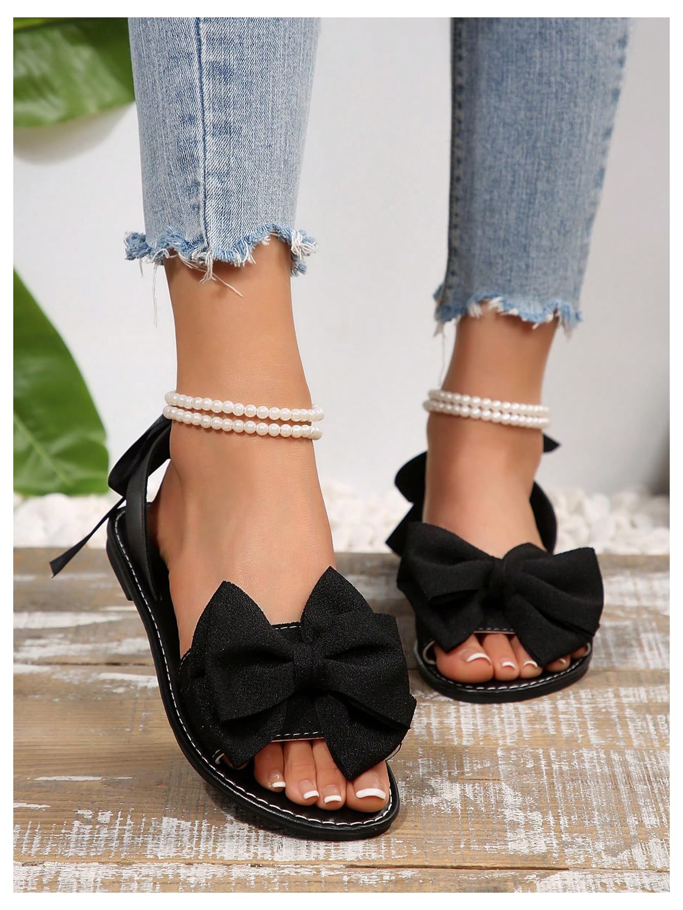 GORGLITTER Women's Bow Pearl Open Toe Ankle Strap Sandals Slippers Shoes | Sandals with Bow,Sandals Women Comfortable, Dressy Sandals Women, Y2k Dress Sandals for Women