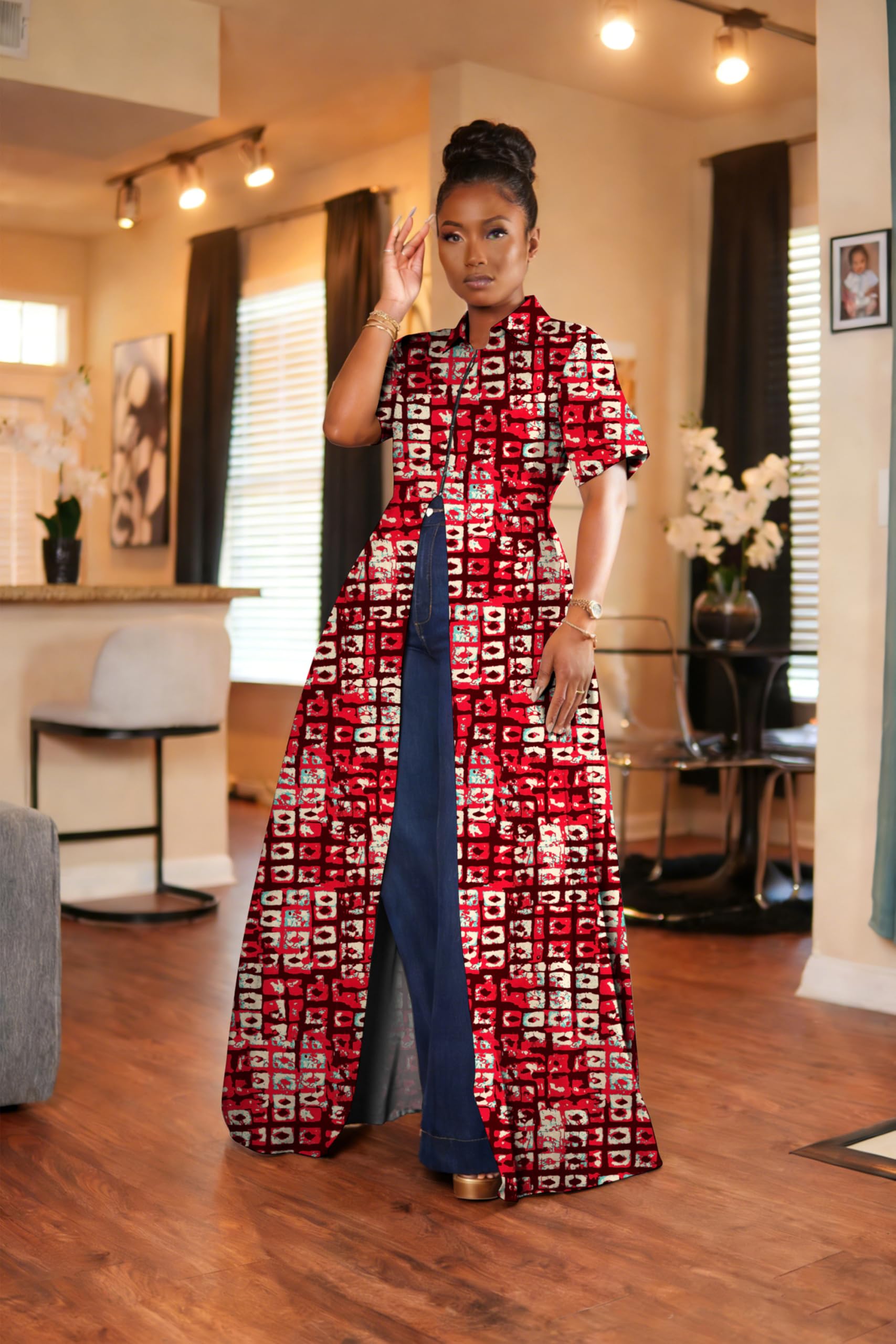 Summer Womens Top Maxi Long Short Sleeve V Neck Zip Up Casual Blouse Kimono Tee Shirt Dress with Pocket for Women