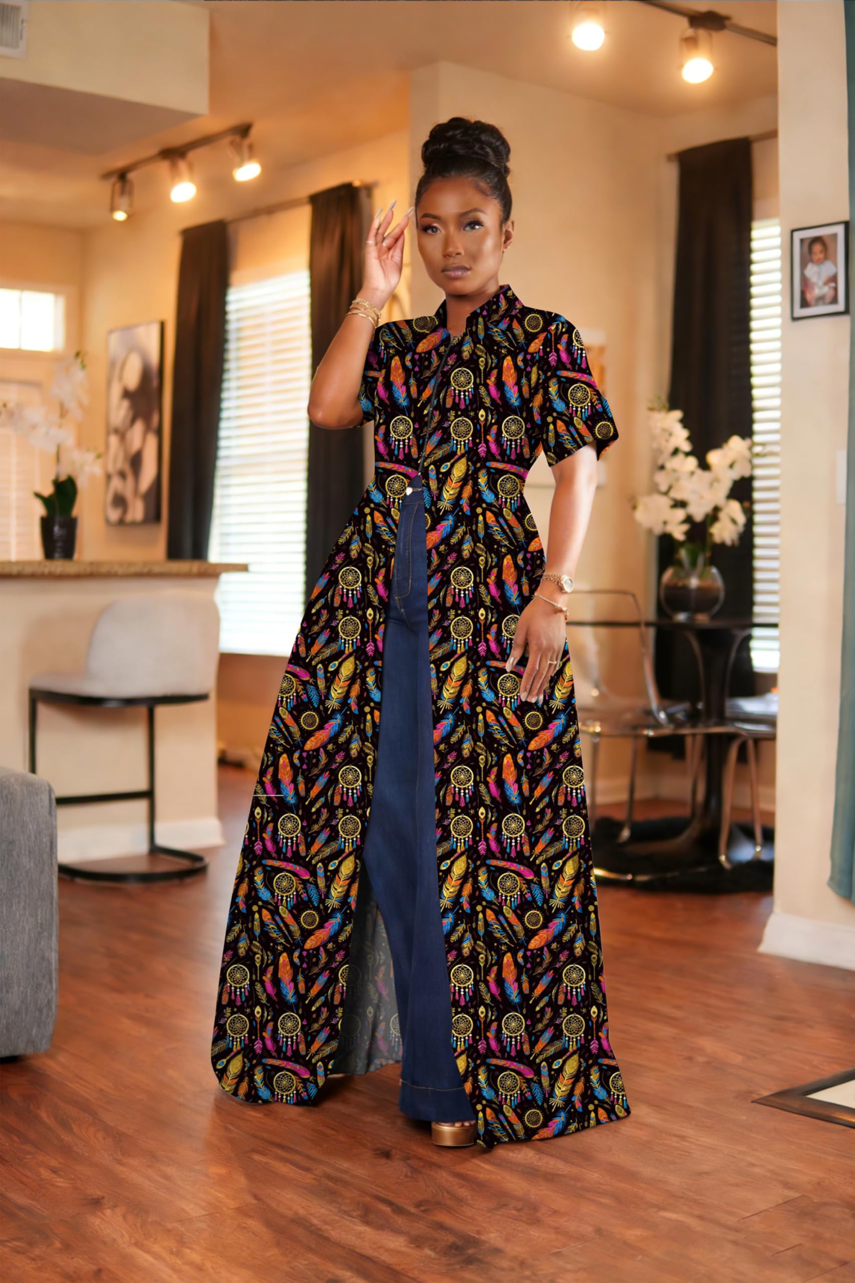 Summer Womens Top Maxi Long Short Sleeve V Neck Zip Up Casual Blouse Kimono Tee Shirt Dress with Pocket for Women