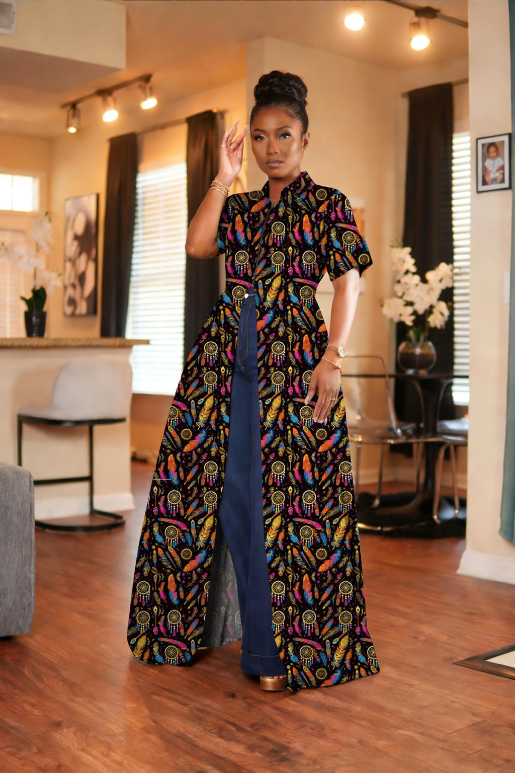 Summer Womens Top Maxi Long Short Sleeve V Neck Zip Up Casual Blouse Kimono Tee Shirt Dress with Pocket for Women