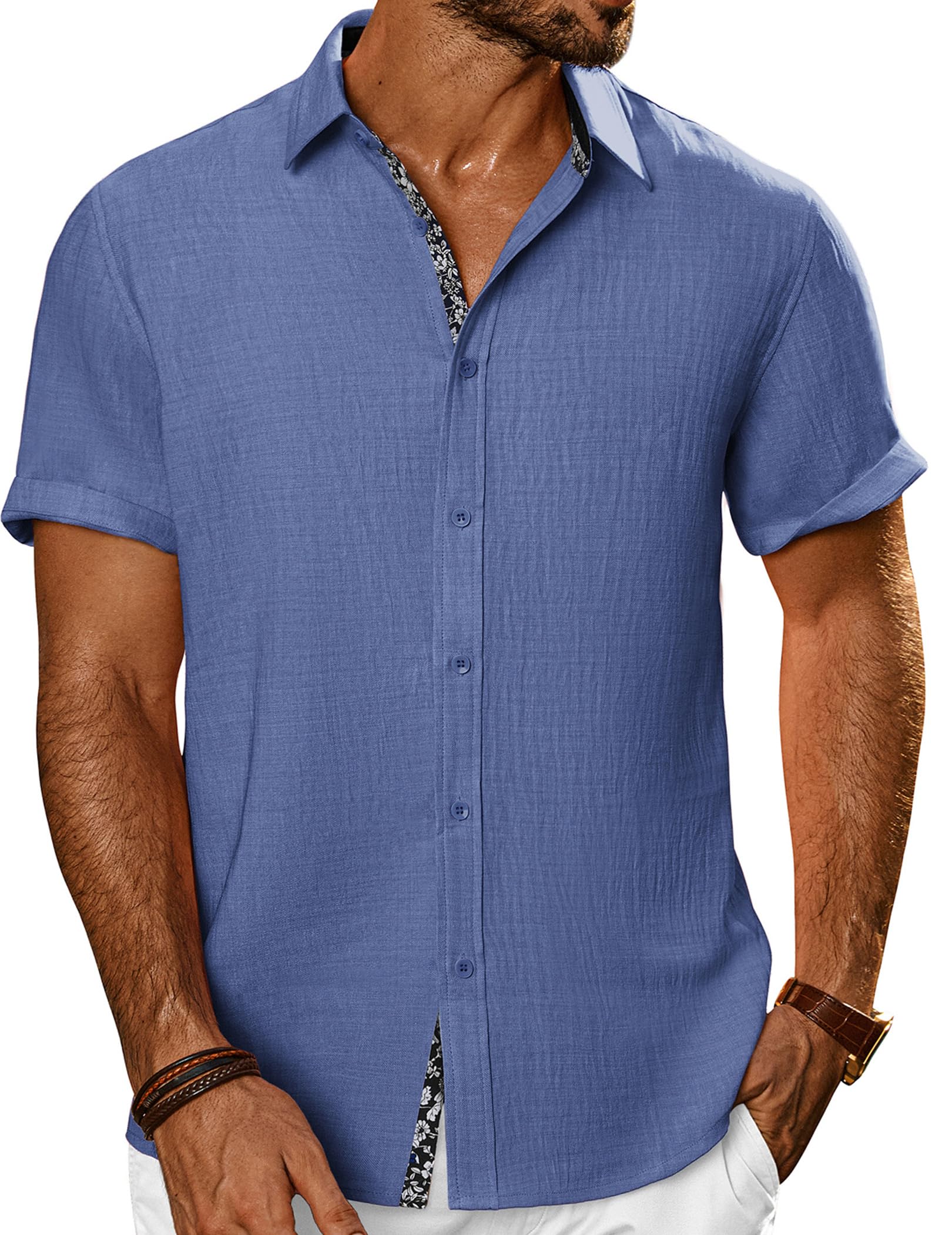 PJ PAUL JONES Mens Short Sleeve Button Down Shirts Casual Summer Clothing | Linen Textured, Summer Beach Vacation Tops, Untucked Dress Shirt, Lightweight, Regular Fit, Fashion Resort Wear