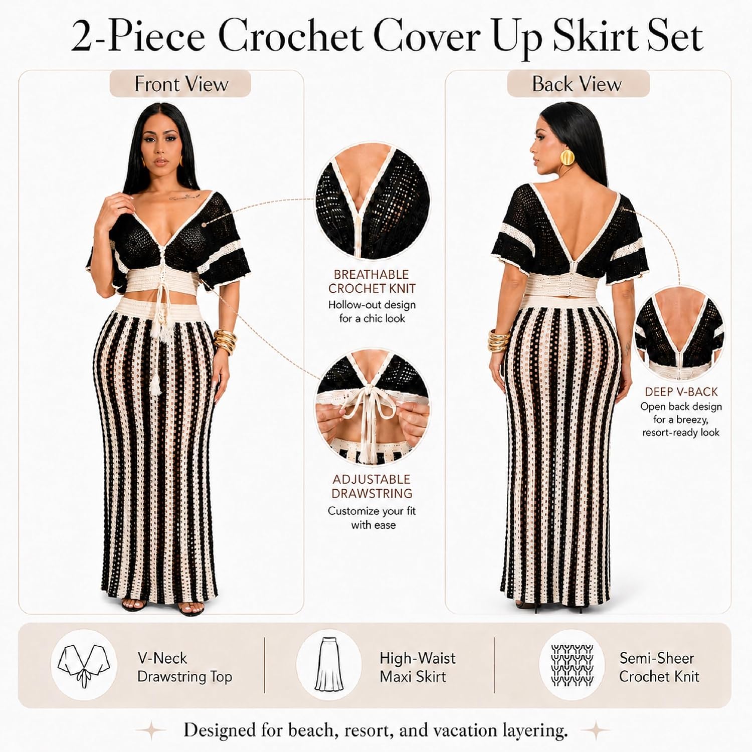 KANSOON Crochet Skirt Set for Women Two Piece Crochet Cover Up | Semi-sheer hollow-out resort layer, tie-front crop top, flattering striped maxi skirt for beach vacation, cruise,poolside