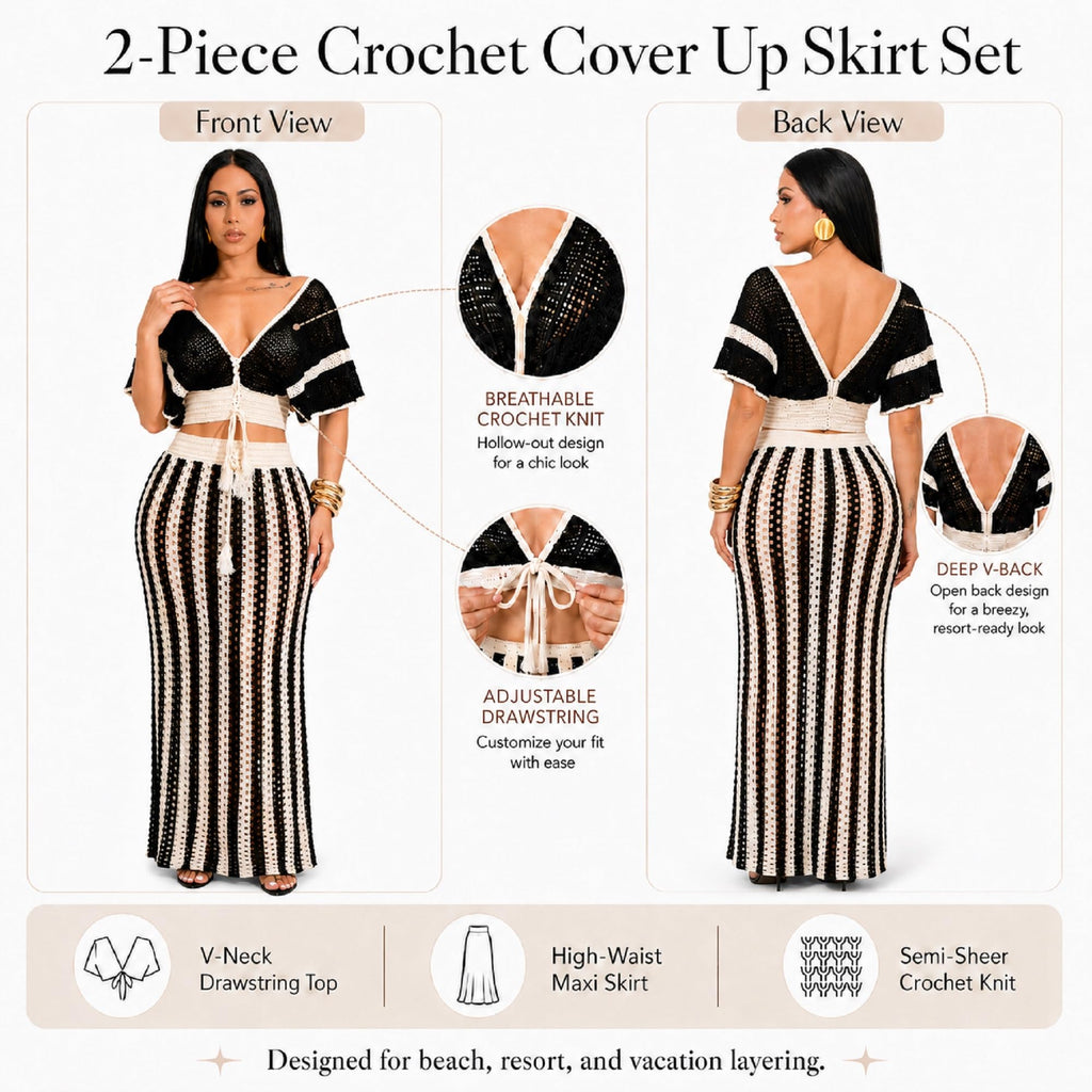 KANSOON Crochet Skirt Set for Women Two Piece Crochet Cover Up | Semi-sheer hollow-out resort layer, tie-front crop top, flattering striped maxi skirt for beach vacation, cruise,poolside
