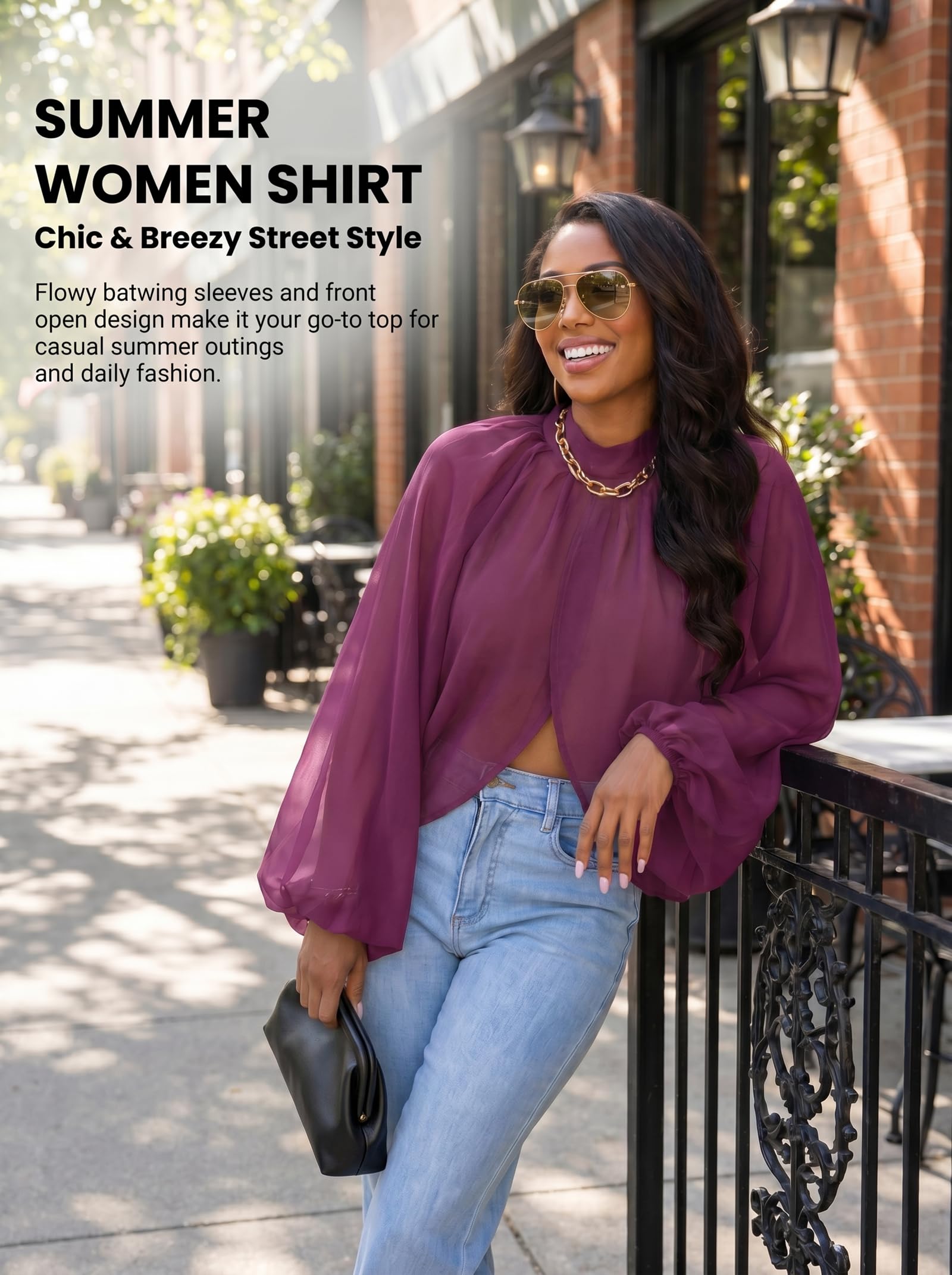 Sexy Tops for Women Party Club Night Batwing Sleeve Chiffon Blouse | Floral Print Blouse Shirts,Puff Sleeve,Going out Tops,Front Open Style,Lantern Sleeve Boho Chiffon Fall Tops 2026