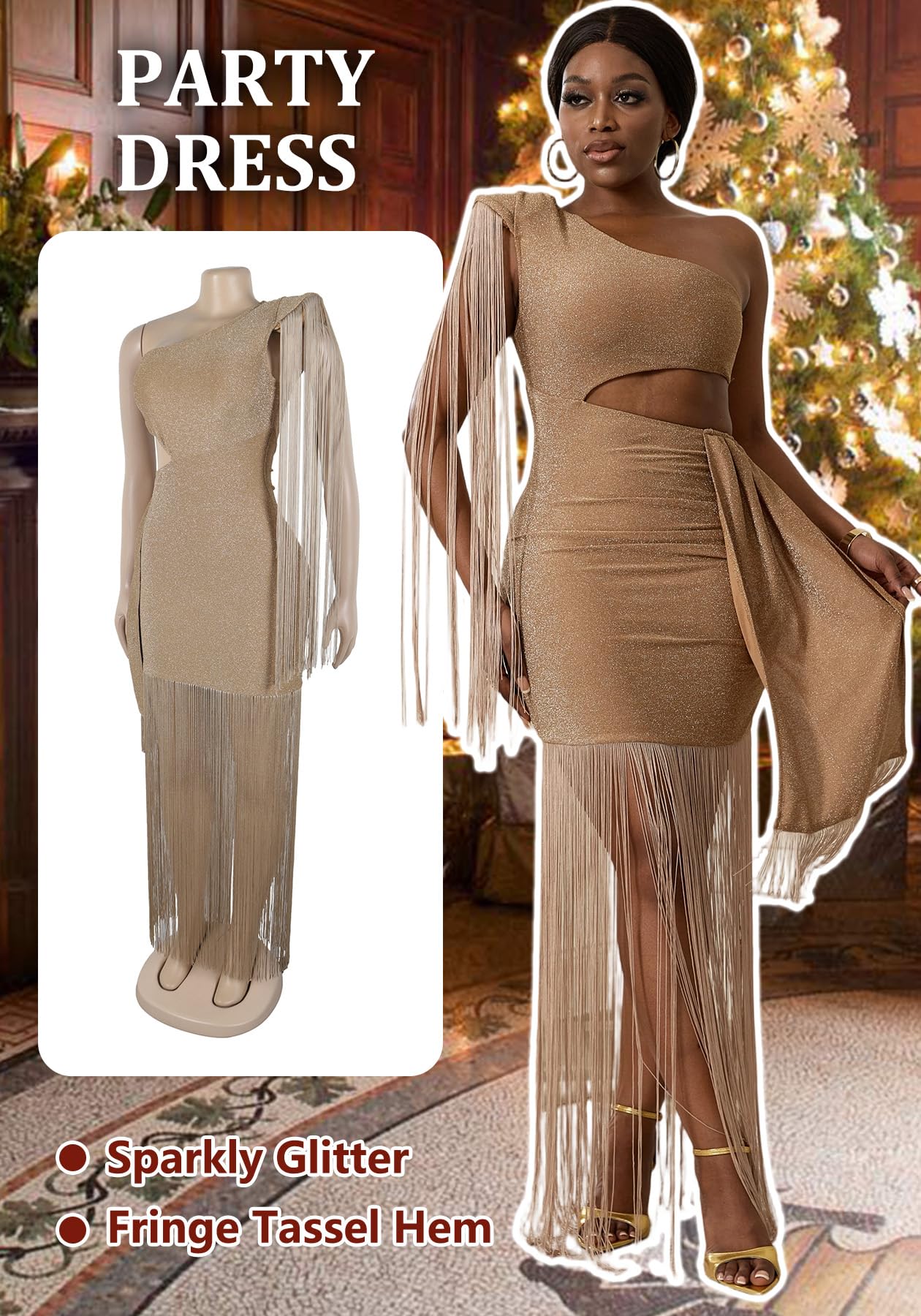 Geulis Women Wedding Guest Dresses Elegant One Shlouder Fringe Dress | Sexy Bodycon Maxi Dress,Cutout off the Shoulder Cocktail Evening Party Formal Dress,Sparkly Glitter,With Tassels