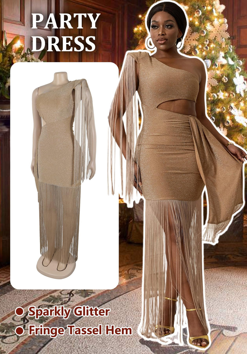 Geulis Women Wedding Guest Dresses Elegant One Shlouder Fringe Dress | Sexy Bodycon Maxi Dress,Cutout off the Shoulder Cocktail Evening Party Formal Dress,Sparkly Glitter,With Tassels