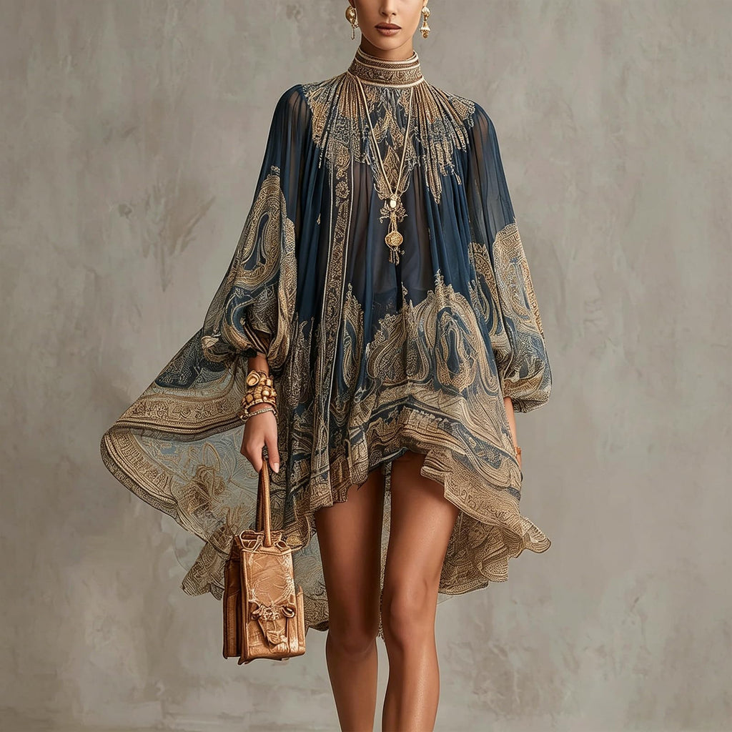 Women's Vintage Boho Chiffon Dress Navy Blue Baroque Print High Neck Irregular Lantern Sleeve Dress Casual Party Vacation