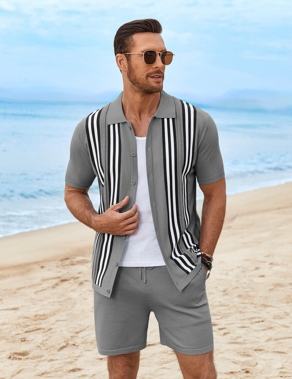 COOFANDY Men's 2 Piece Outfits Summer Short Sets Vintage Knit Button Down Shirt Short Sleeve Polo Casual Beach Suits