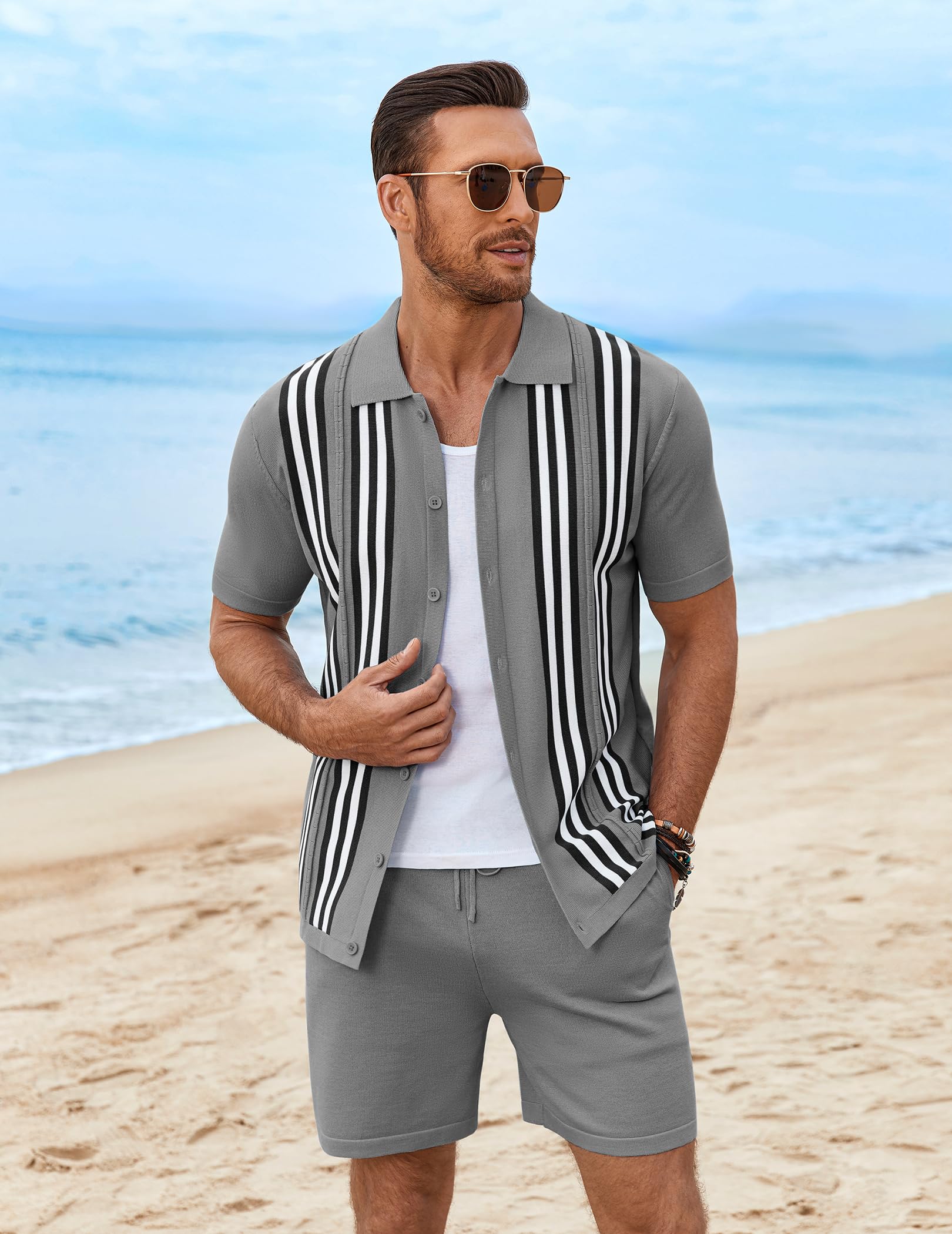 COOFANDY Men's 2 Piece Outfits Summer Short Sets Vintage Knit Button Down Shirt Short Sleeve Polo Casual Beach Suits