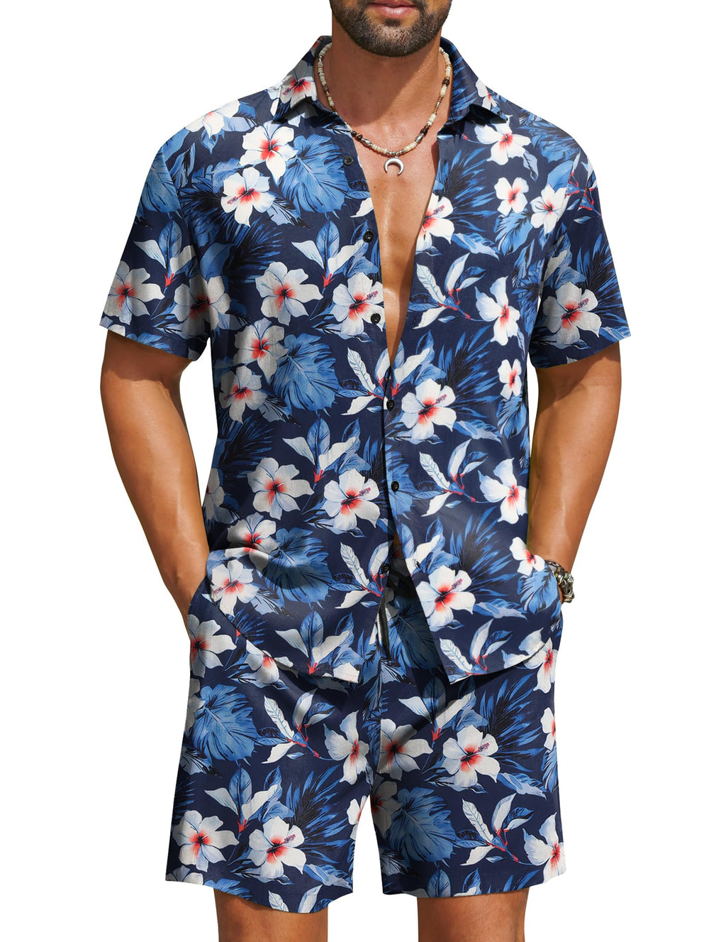 COOFANDY Men's Hawaiian Matching Set Summer Beach 2 Piece Outfits Flower Button Down Shirts and Shorts Vacation Outfits