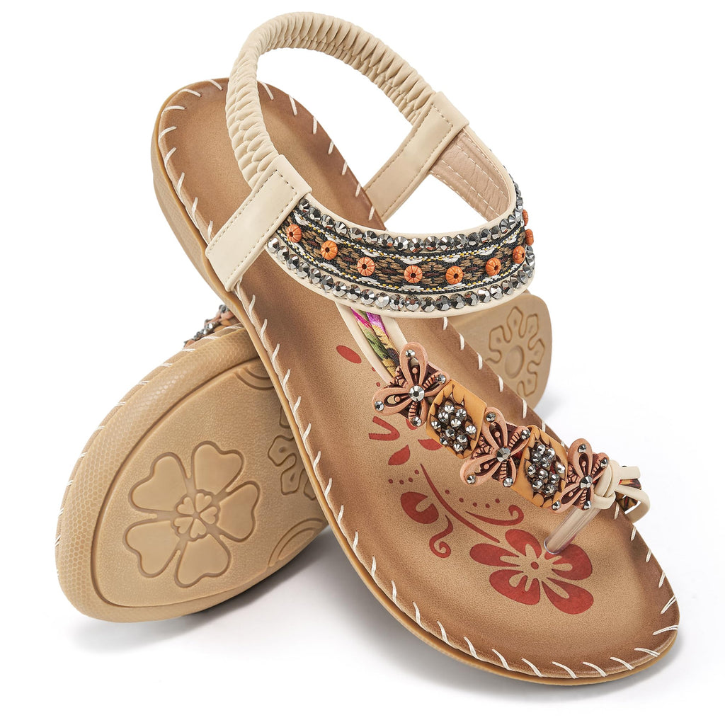 Ablanczoom Flat Sandals for Women Summer: Casual Boho Beaded Toe Ring Dress Shoes - Comfortable Vacation Daily Walking Shoes