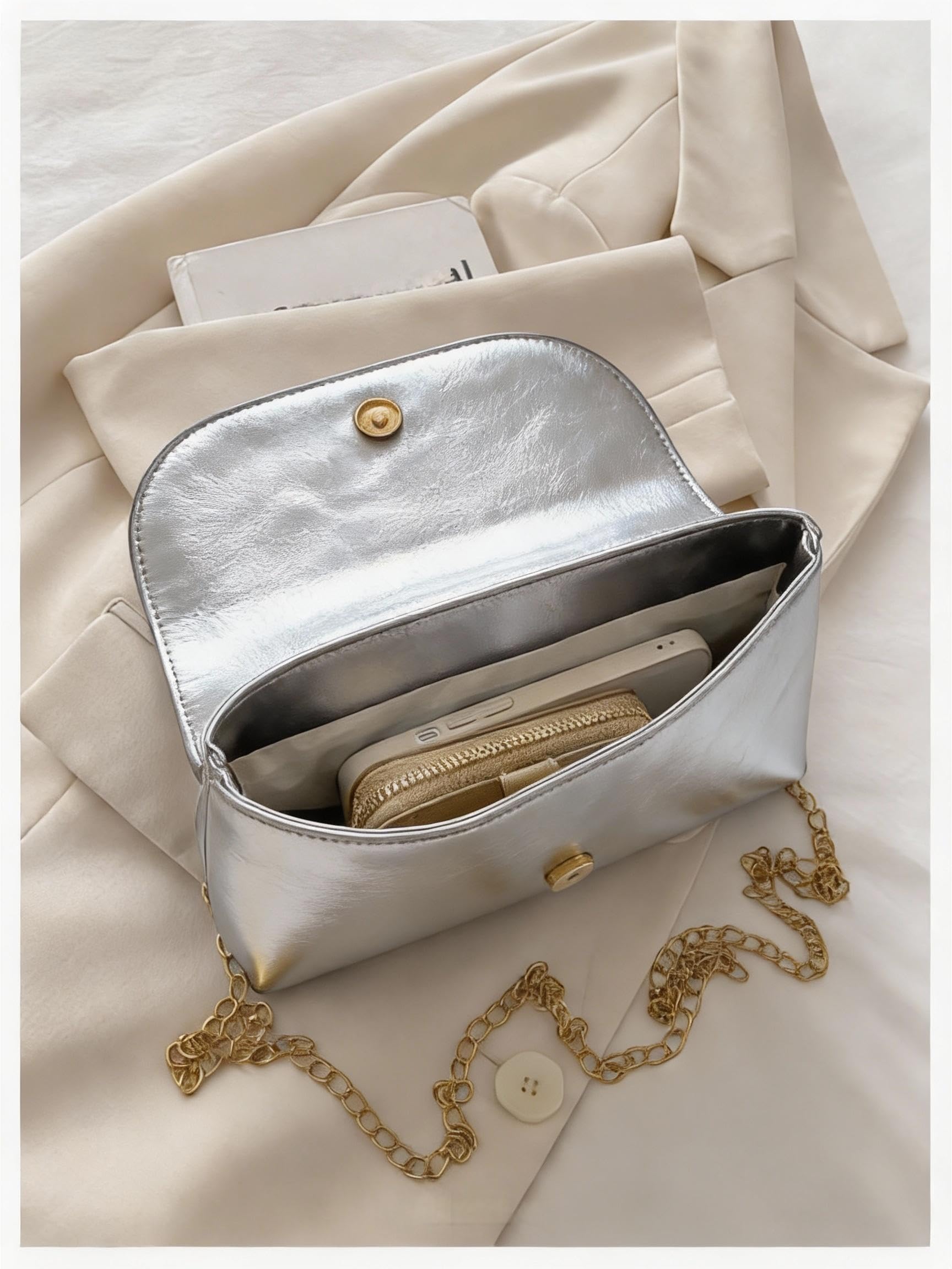 Women's Unique Safety Pin Crossbody Purse | Leather Clutch Bag Gold Handles Chain novelty clutch