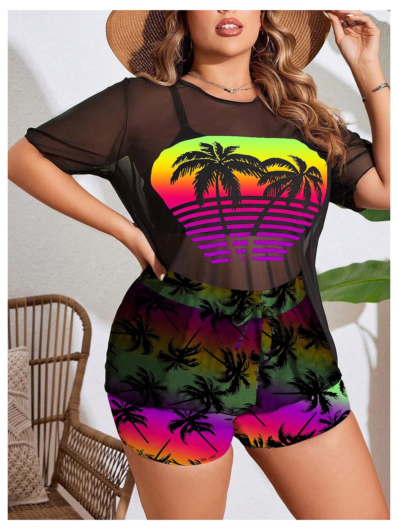Women's 3 Piece Plus Size Swimsuit Tankini Shorts Set High Waisted Bathing Suit Graphic Beachwear with Mesh Cover Up