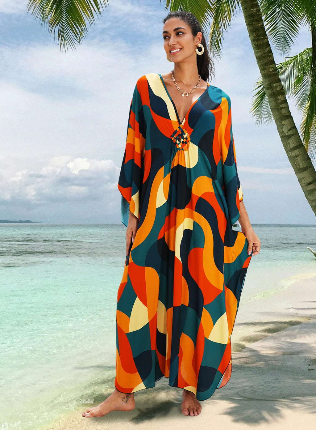 Yanziliu Kaftan Dress for Women,Plus Size Hawaiian Batwing Sleeve Beach Cover Up Summer Swimsuit Dresses