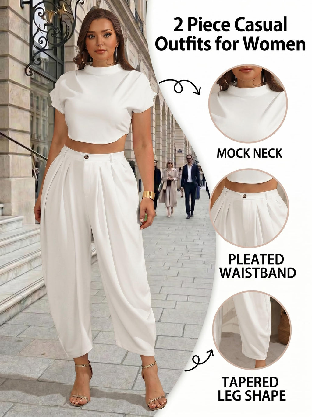 Ekaliy Womens Casual 2 Piece Outfits Cap Sleeve Crop Top Palazzo Pants Set | Mock Neck,Short Sleeve,Zipper-Back Crop Top,High-Waisted Pleated Pants,Wide Leg Dress Pants,2 Piece Sets For Women Dressy