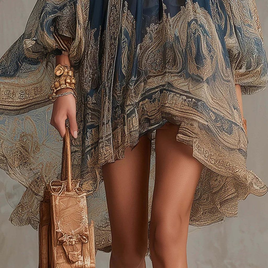 Women's Vintage Boho Chiffon Dress Navy Blue Baroque Print High Neck Irregular Lantern Sleeve Dress Casual Party Vacation