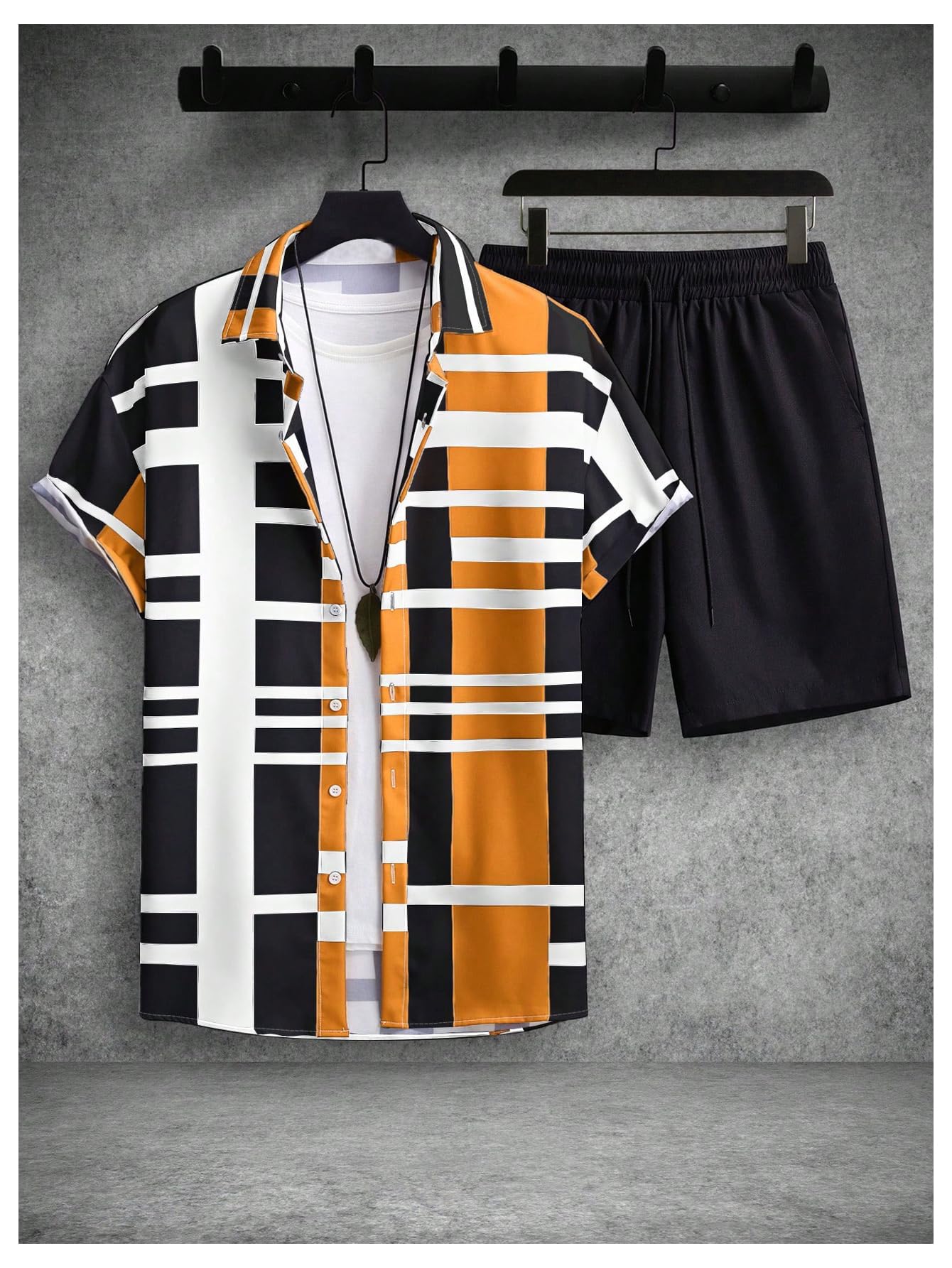 WDIRARA Men's 2 Piece Outfits Button Down Short Sleeve Collared Shirt and Shorts Set