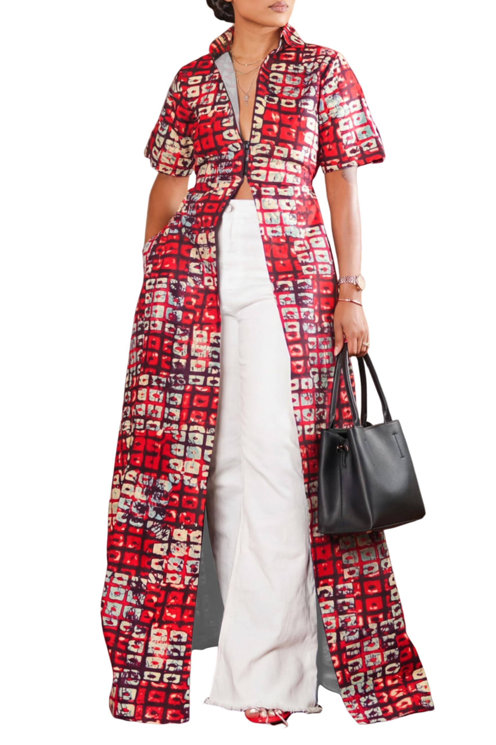 Summer Womens Top Maxi Long Short Sleeve V Neck Zip Up Casual Blouse Kimono Tee Shirt Dress with Pocket for Women