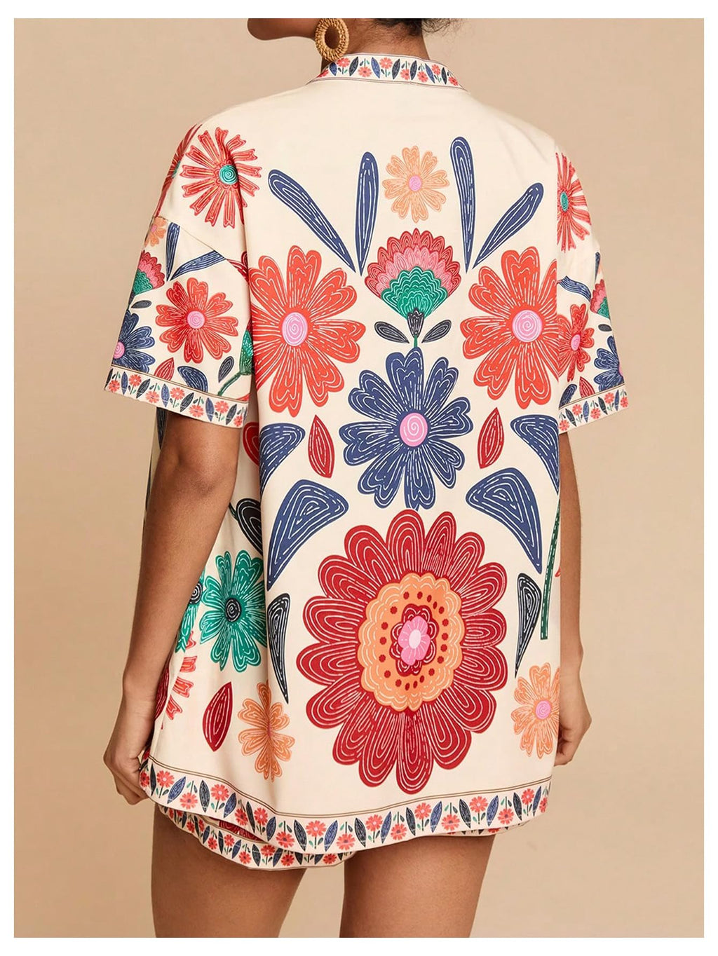 MakeMeChic Women's Two Piece Sets Summer Tropical Vacation Outfits Boho Floral Kimono Tops Shorts Set