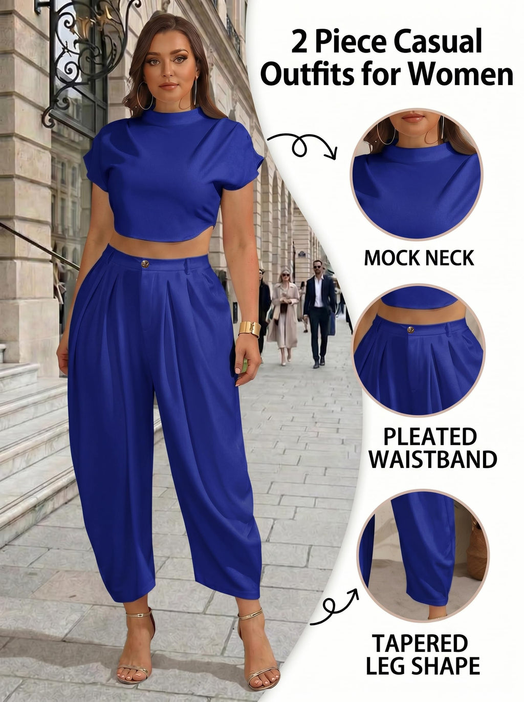 Ekaliy Womens Casual 2 Piece Outfits Cap Sleeve Crop Top Palazzo Pants Set | Mock Neck,Short Sleeve,Zipper-Back Crop Top,High-Waisted Pleated Pants,Wide Leg Dress Pants,2 Piece Sets For Women Dressy