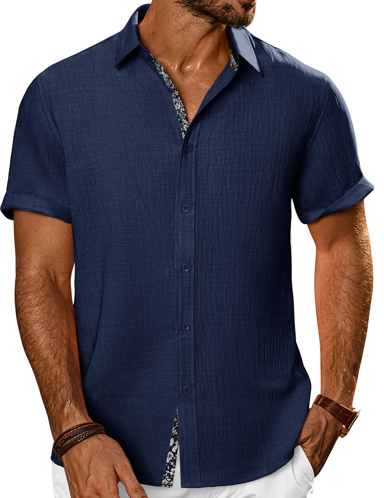 PJ PAUL JONES Mens Short Sleeve Button Down Shirts Casual Summer Clothing | Linen Textured, Summer Beach Vacation Tops, Untucked Dress Shirt, Lightweight, Regular Fit, Fashion Resort Wear
