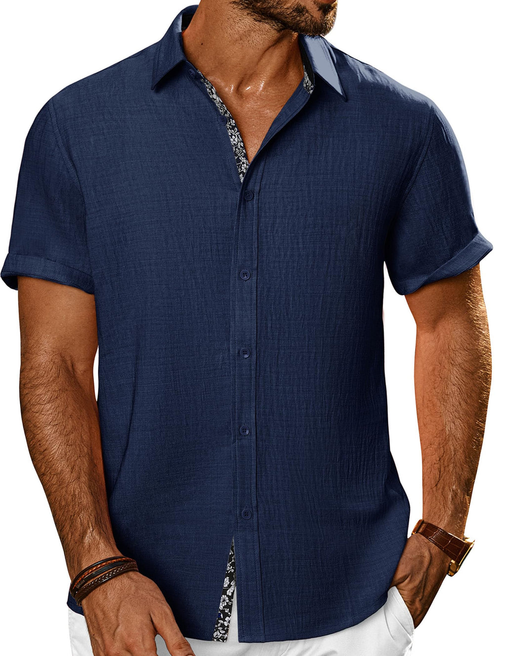 PJ PAUL JONES Mens Short Sleeve Button Down Shirts Casual Summer Clothing | Linen Textured, Summer Beach Vacation Tops, Untucked Dress Shirt, Lightweight, Regular Fit, Fashion Resort Wear