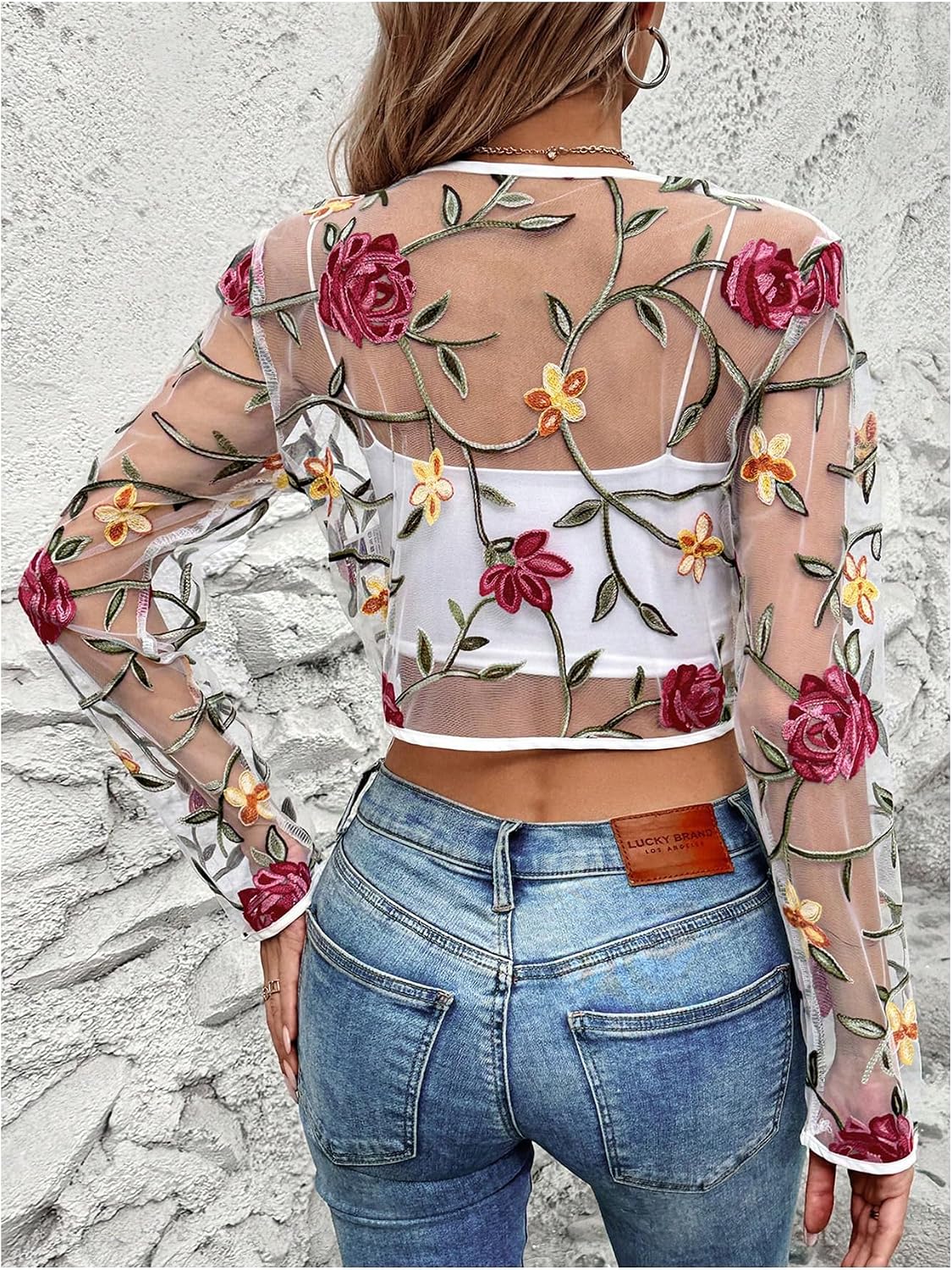 OYOANGLE Women's Floral Embroidered Sheer Bolero Open Front Crop Jackets | Long Sleeve Mesh Summer Cardigan Tops, Wedding Guest, Shrugs for Dresses, Boho Holiday Cover Up