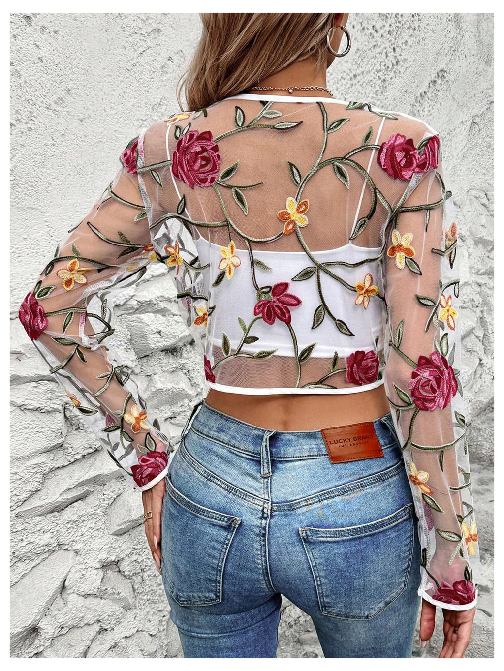 OYOANGLE Women's Floral Embroidered Sheer Bolero Open Front Crop Jackets | Long Sleeve Mesh Summer Cardigan Tops, Wedding Guest, Shrugs for Dresses, Boho Holiday Cover Up