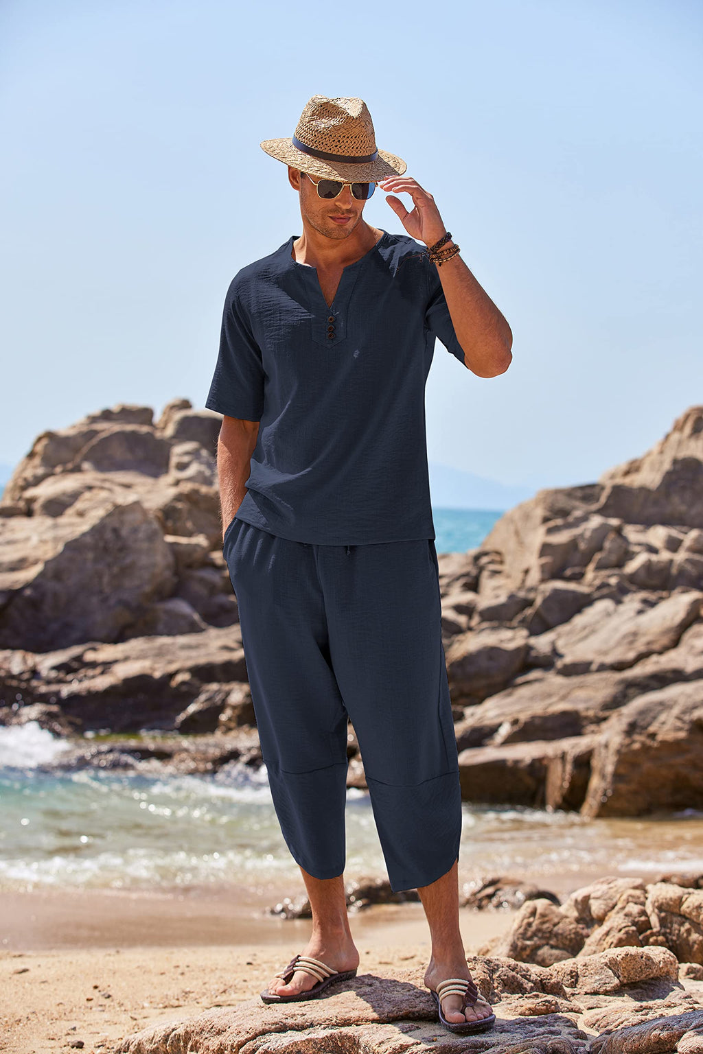 COOFANDY Men's 2 Pieces Linen Set Henley Shirt Short Sleeve and Harem Capri Pants Wide Leg Baggy Beach Yoga Trousers Outfits