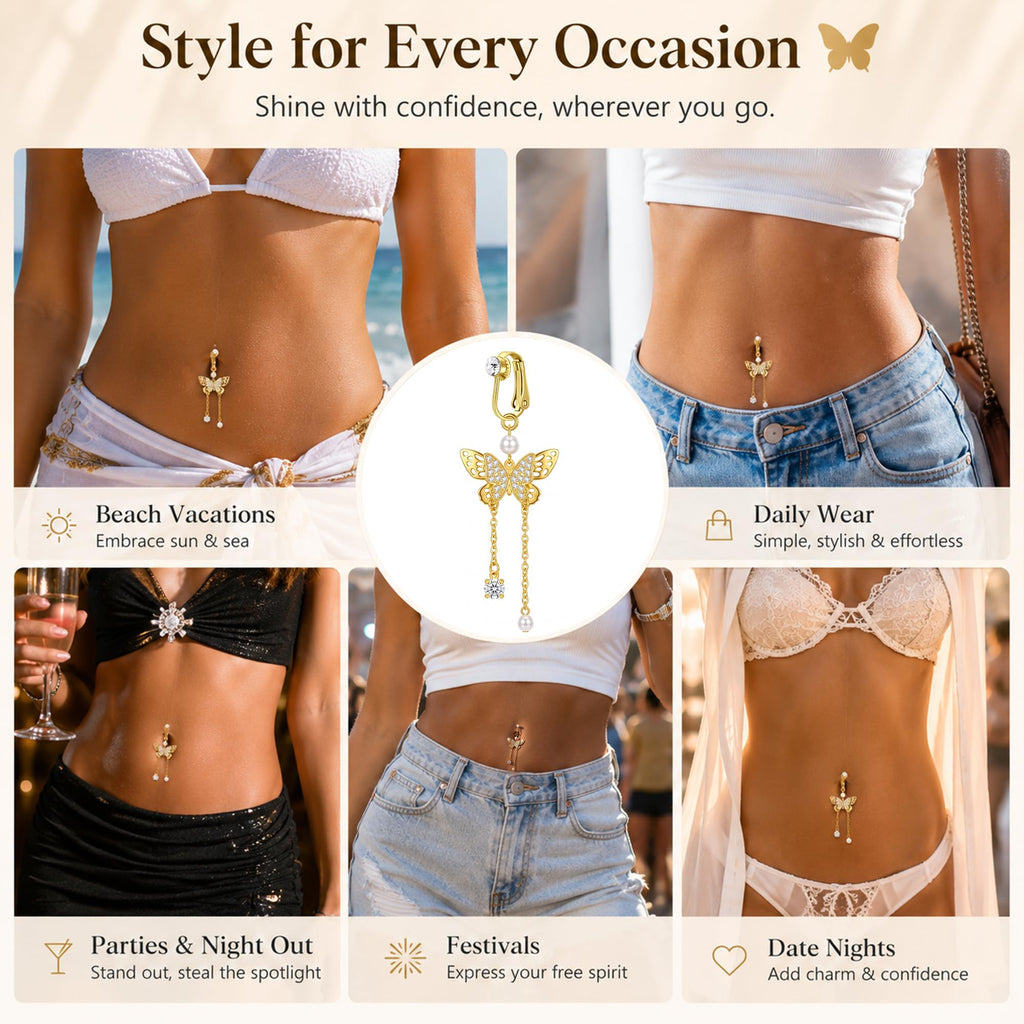 D.Bella Fake Belly Piercing Gold Clip On Belly Button Rings for Women Non Piercing Dangle Navel Jewelry Daily Wear
