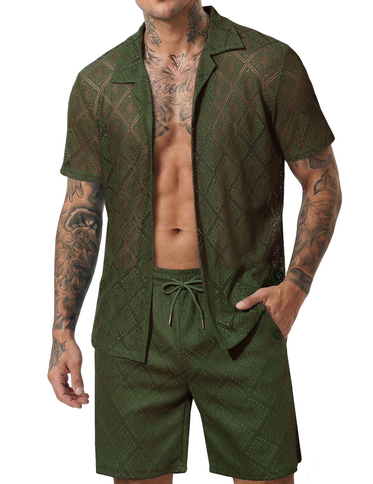 Men 2 Piece Shorts Set Sexy Lace Mesh Sheer Short Sleeve Summer Rave Outfit