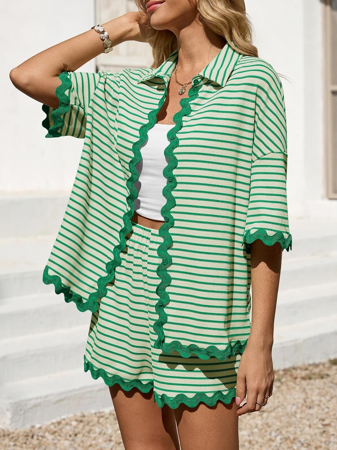 Tankaneo Womens 2 Piece Outfit Lounge Set Striped Summer Matching Sets | Summer, Short Sleeve, Button Down Shirts and Shorts, Lounge Set, Matching Sets