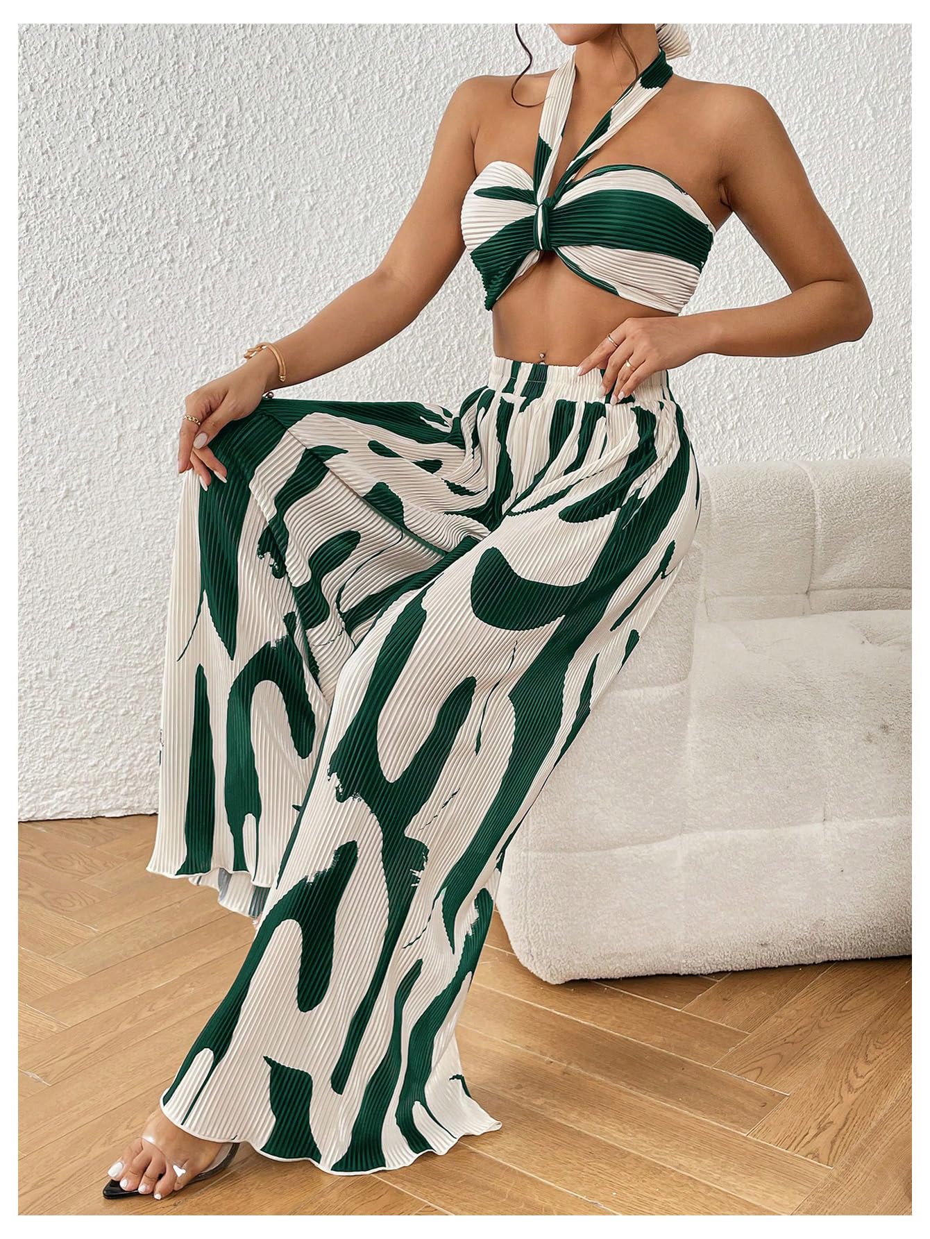 OYOANGLE Women's 2 Piece Graphic Halter Top Wide Leg Pants Vacation Outfits | Knitted, Sleeveless, Crop, High Waist, Beach Club, Summer Sets, Sexy Resort Wear