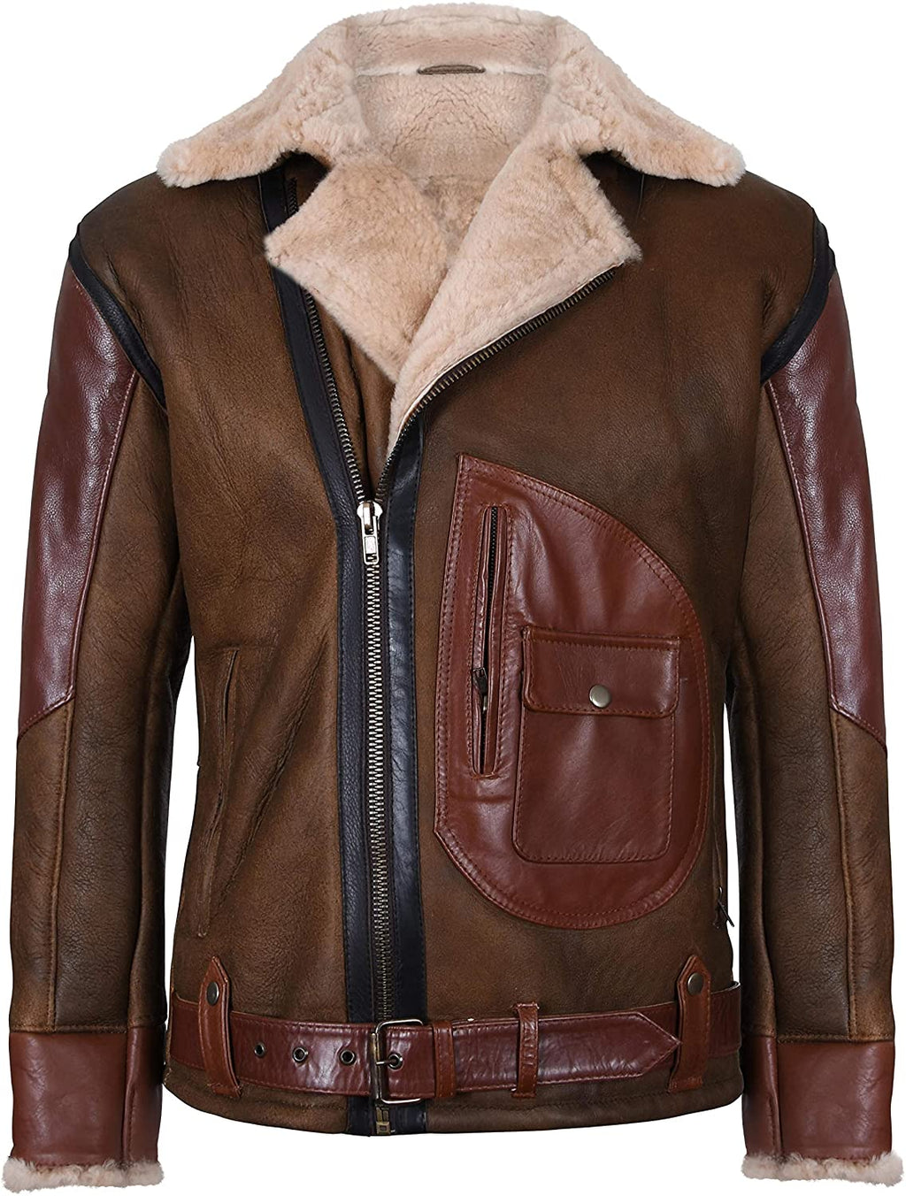 Men’s Brown Crossover B3 Sheepskin Aviator Flying Leather Biker Jacket