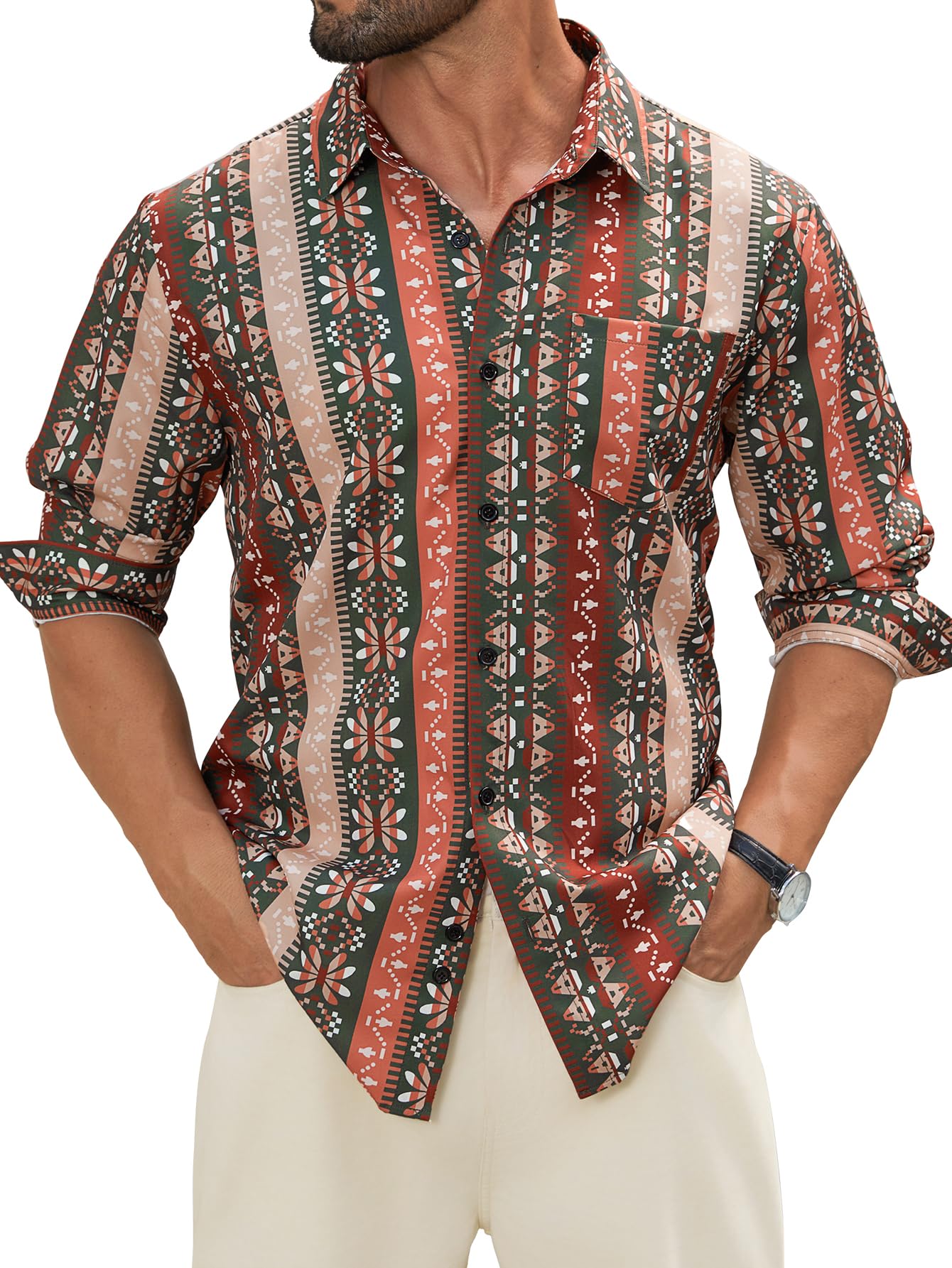 Hardaddy Men's Tropical Floral Button Down Long Sleeve Hawaiian Shirt Flower Printed Beach Shirts