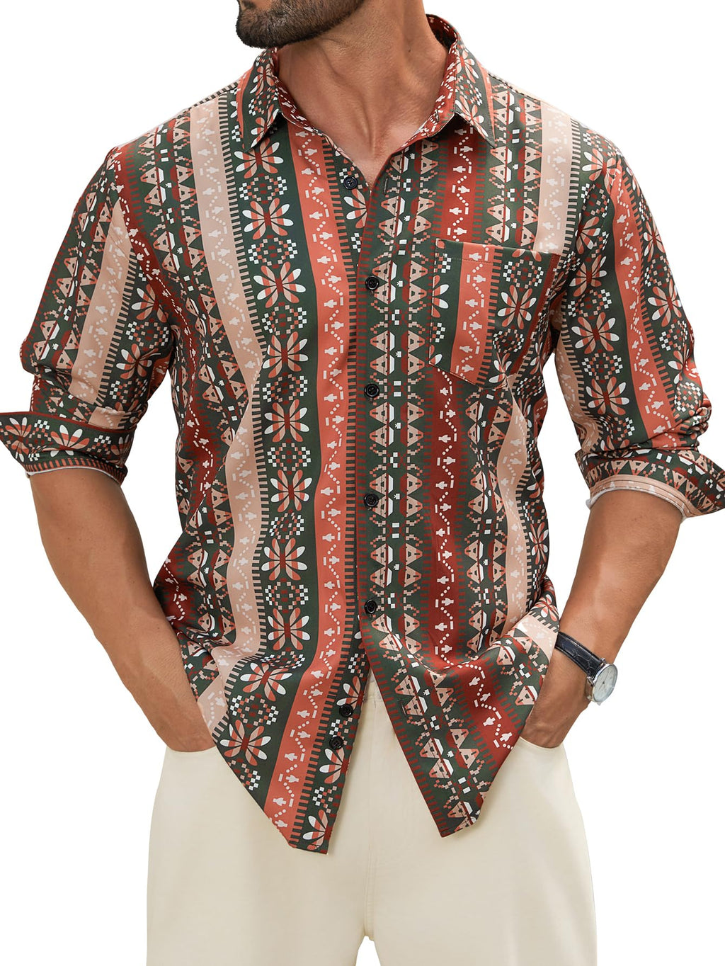 Hardaddy Men's Tropical Floral Button Down Long Sleeve Hawaiian Shirt Flower Printed Beach Shirts