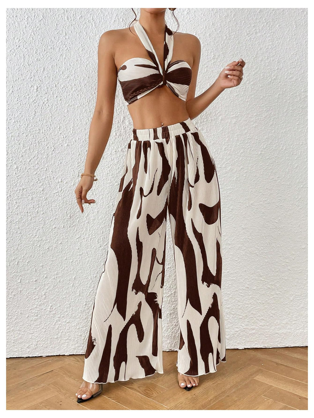 OYOANGLE Women's 2 Piece Graphic Halter Top Wide Leg Pants Vacation Outfits | Knitted, Sleeveless, Crop, High Waist, Beach Club, Summer Sets, Sexy Resort Wear