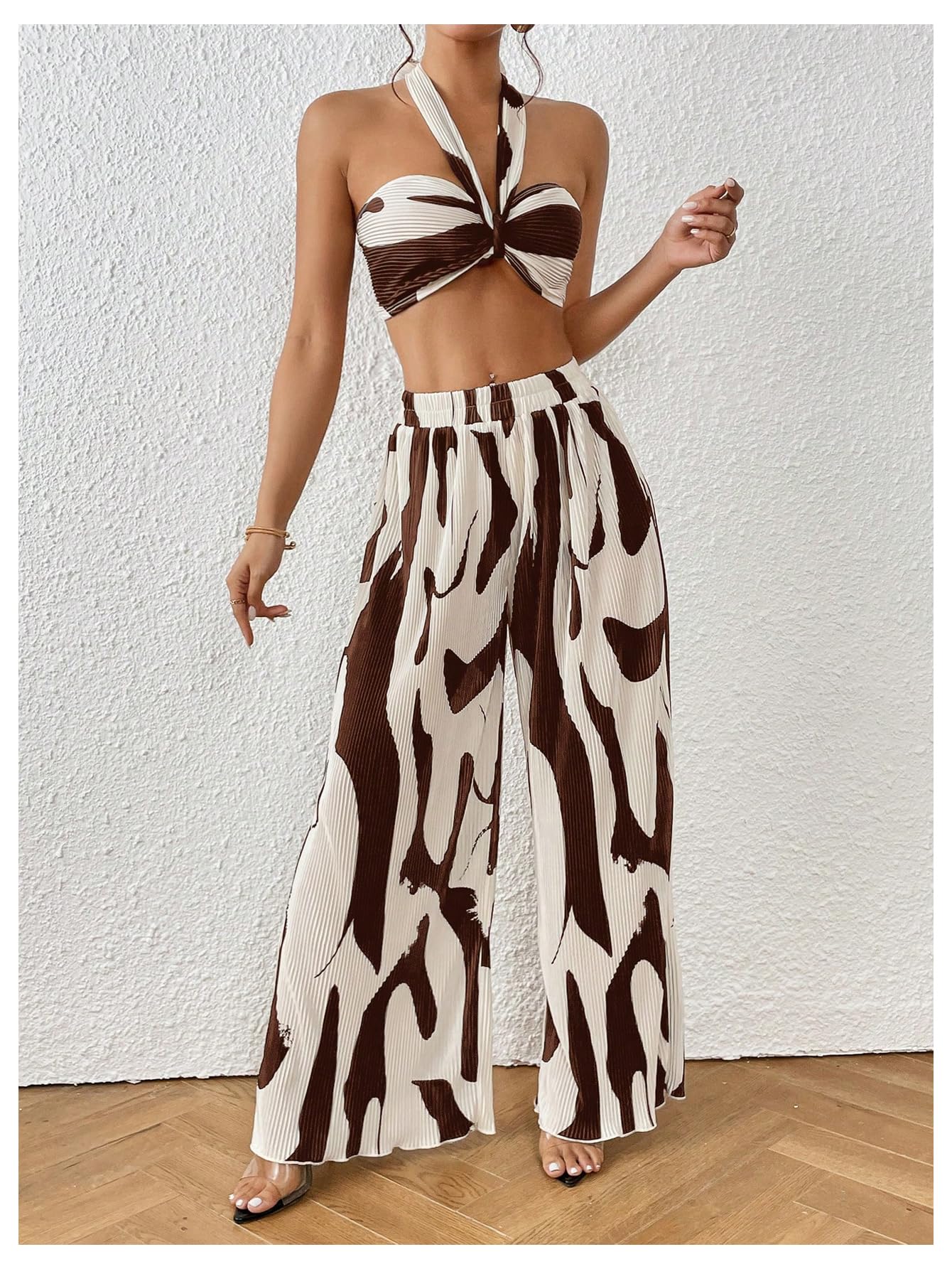 OYOANGLE Women's 2 Piece Graphic Halter Top Wide Leg Pants Vacation Outfits | Knitted, Sleeveless, Crop, High Waist, Beach Club, Summer Sets, Sexy Resort Wear