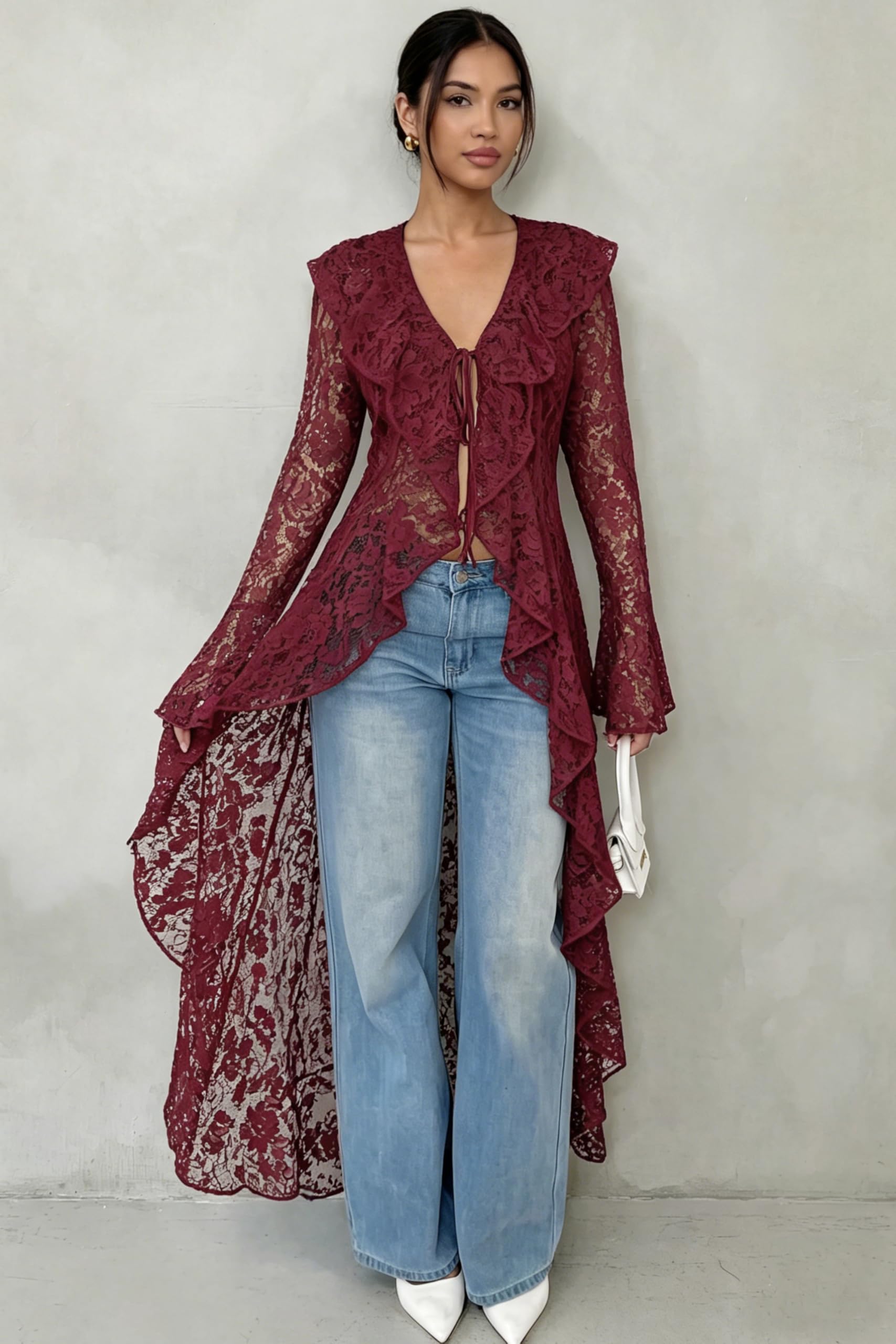 Lace Cardigan for Women Maxi Summer Lightweight Open Front Tie Bell Long Sleeve Ruffled Tops Duster Swimsuit Cover Up