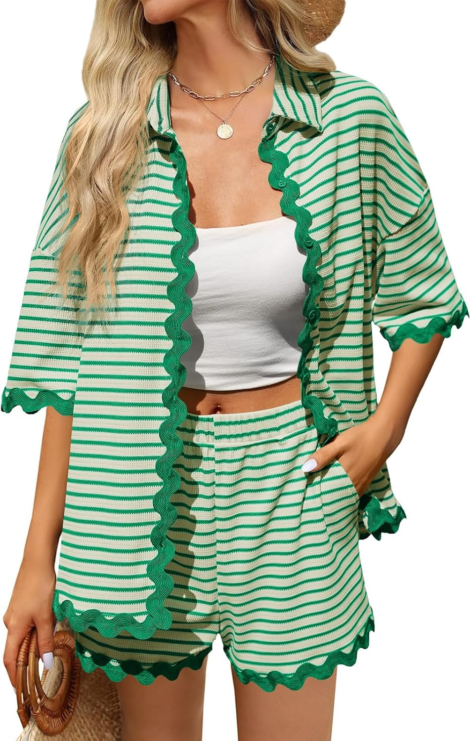Tankaneo Womens 2 Piece Outfit Lounge Set Striped Summer Matching Sets | Summer, Short Sleeve, Button Down Shirts and Shorts, Lounge Set, Matching Sets