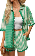 Tankaneo Womens 2 Piece Outfit Lounge Set Striped Summer Matching Sets | Summer, Short Sleeve, Button Down Shirts and Shorts, Lounge Set, Matching Sets