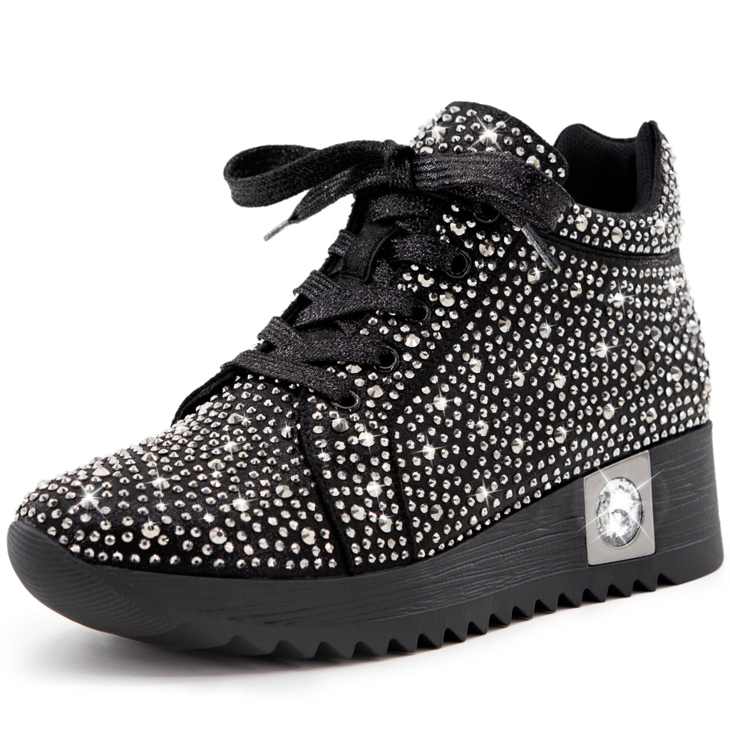 FINDVELL Women's Fashion Glitter Sneakers Platform Wedge Shoes Sparkly Rhinestone High Top Sneakers Trendy Sequin Shoes Wedding Bride Dress