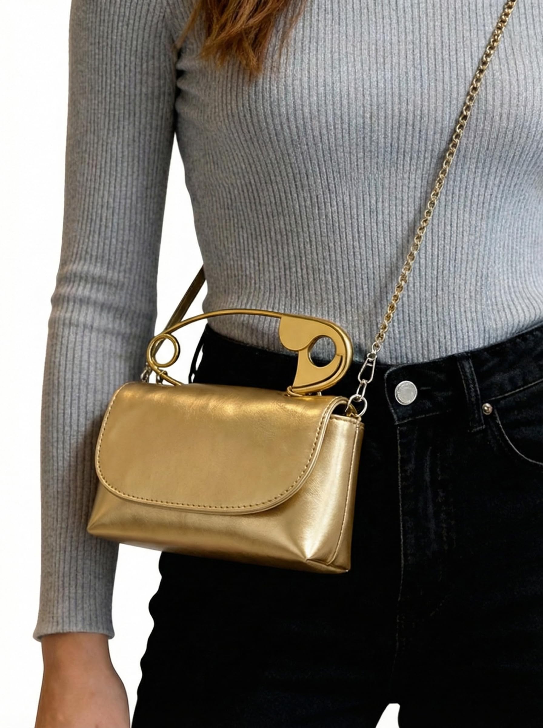 Women's Unique Safety Pin Crossbody Purse | Leather Clutch Bag Gold Handles Chain novelty clutch