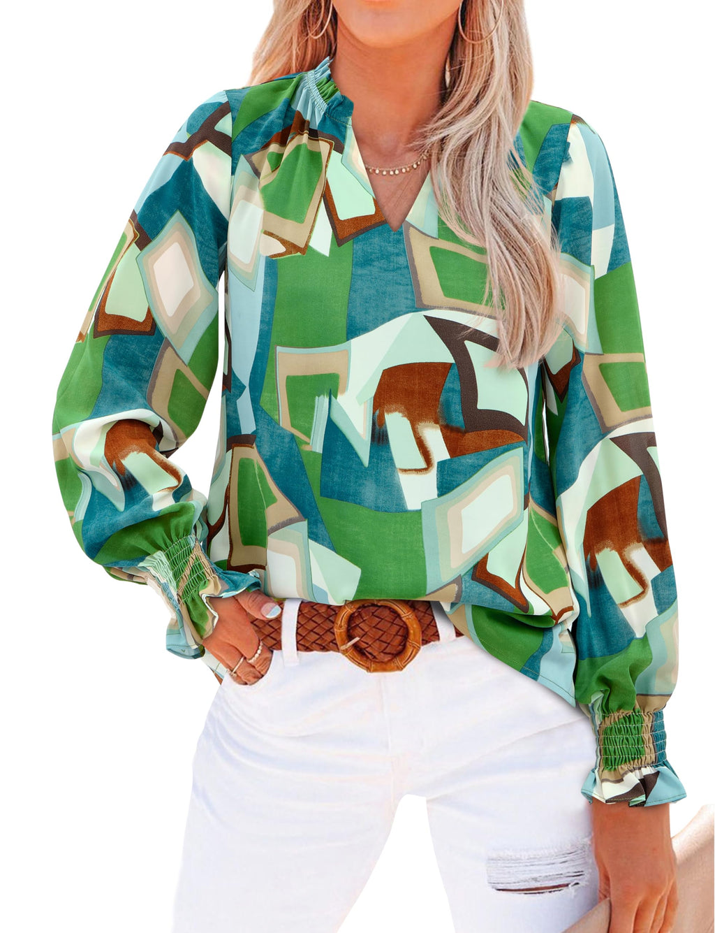 MASCOMODA Womens Boho Floral Long Sleeve Loose Chiffon Blouses | Puff Sleeve Ruffle V Neck Tops, Work Blouses for Women Dressy Casual, 2026 Summer T Shirts, Hawaiian Shirts for Women