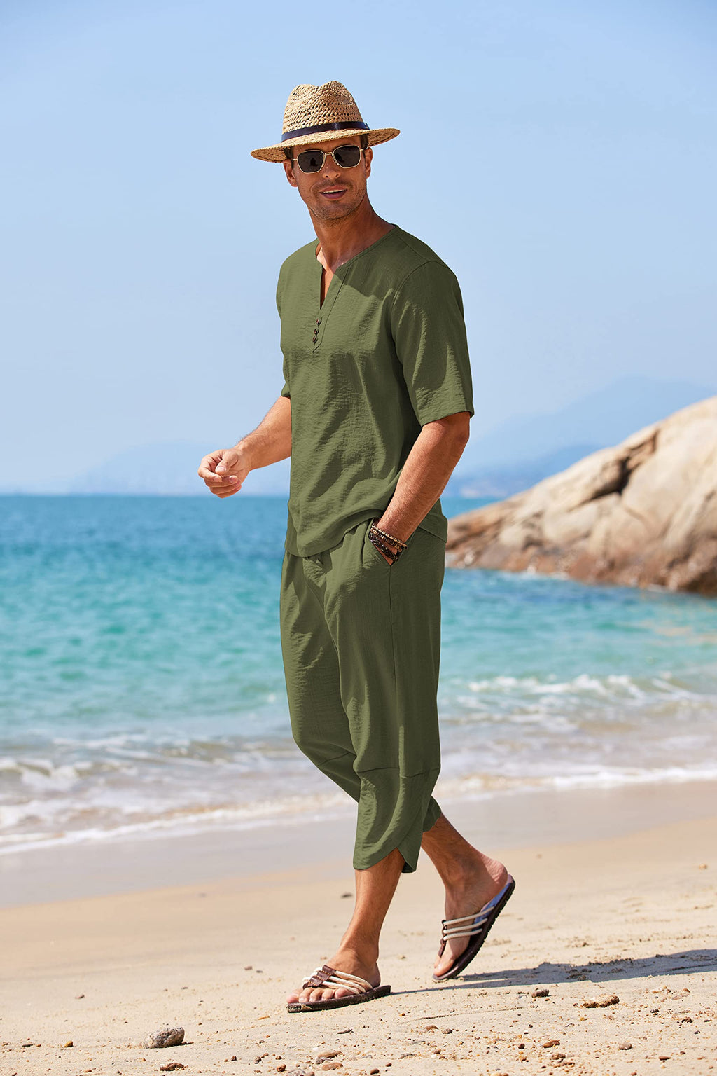 COOFANDY Men's 2 Pieces Linen Set Henley Shirt Short Sleeve and Harem Capri Pants Wide Leg Baggy Beach Yoga Trousers Outfits