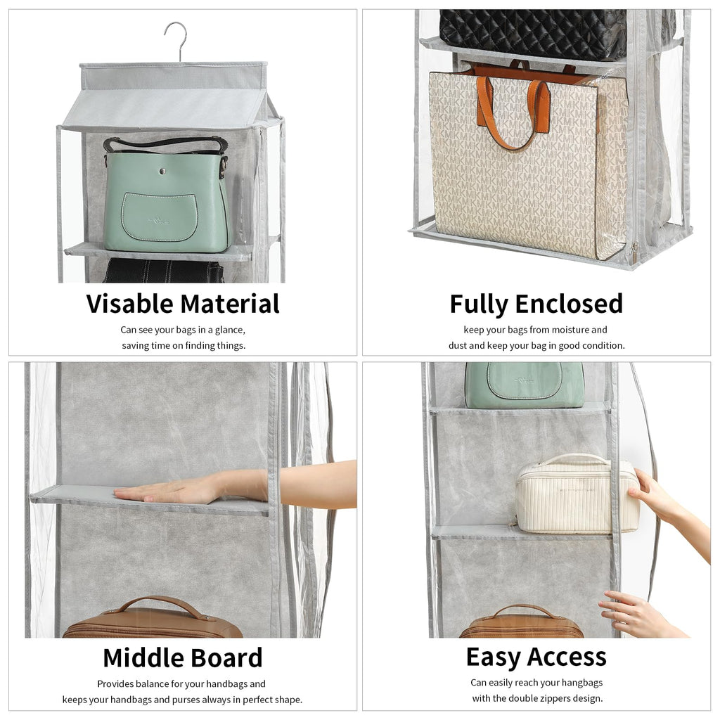 8 Grids in 1 Rotatable Hanging Purse Handbag Organizer with Double Zippers, Visible Purse Organizer for Closet, Fully Enclosed Handbag Storage Holder