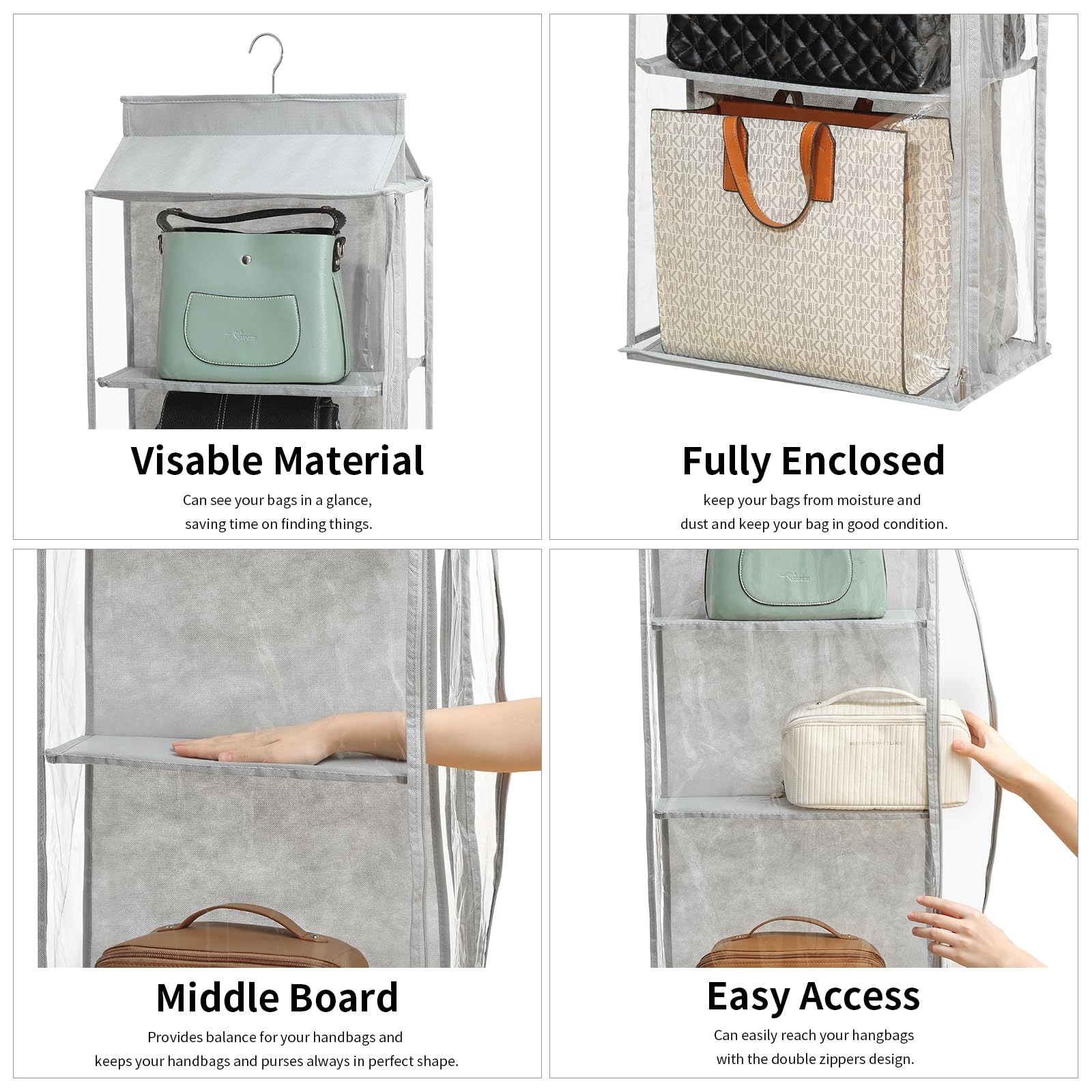 8 Grids in 1 Rotatable Hanging Purse Handbag Organizer with Double Zippers, Visible Purse Organizer for Closet, Fully Enclosed Handbag Storage Holder